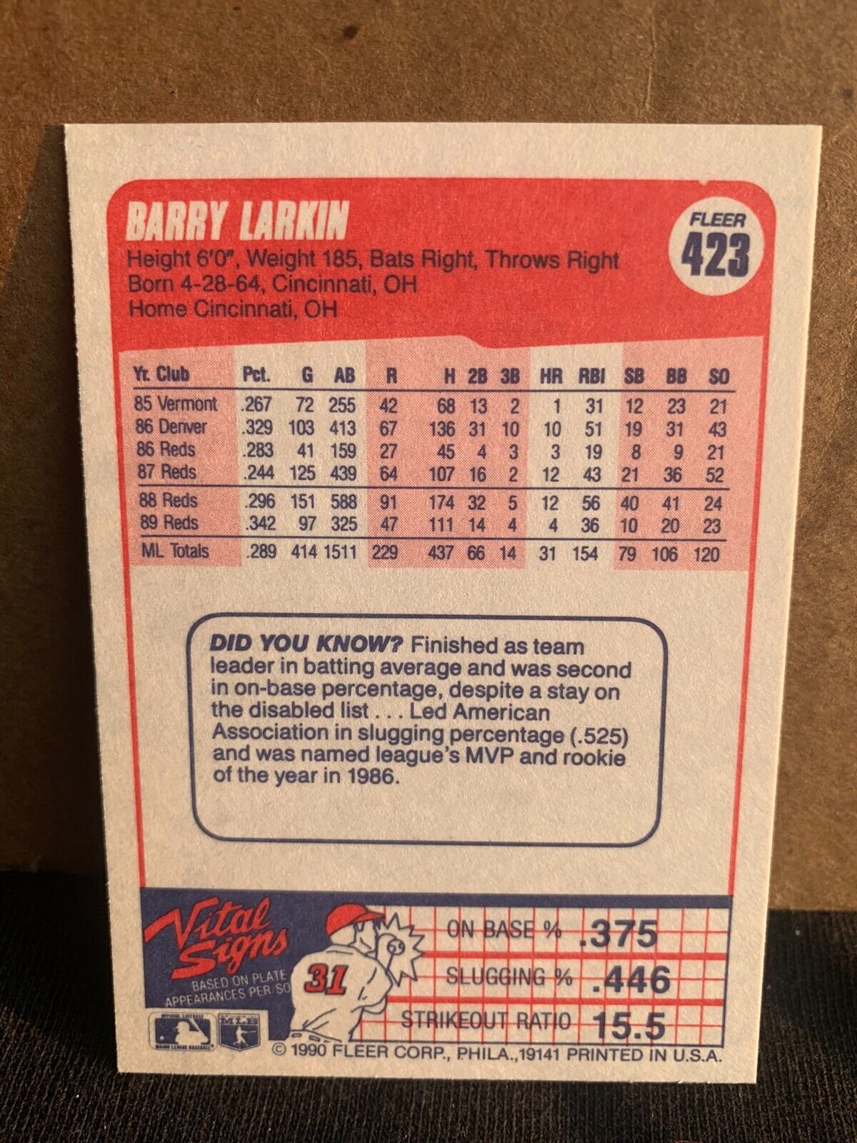 1990 Fleer Baseball Card Cincinnati Reds Barry Larkin