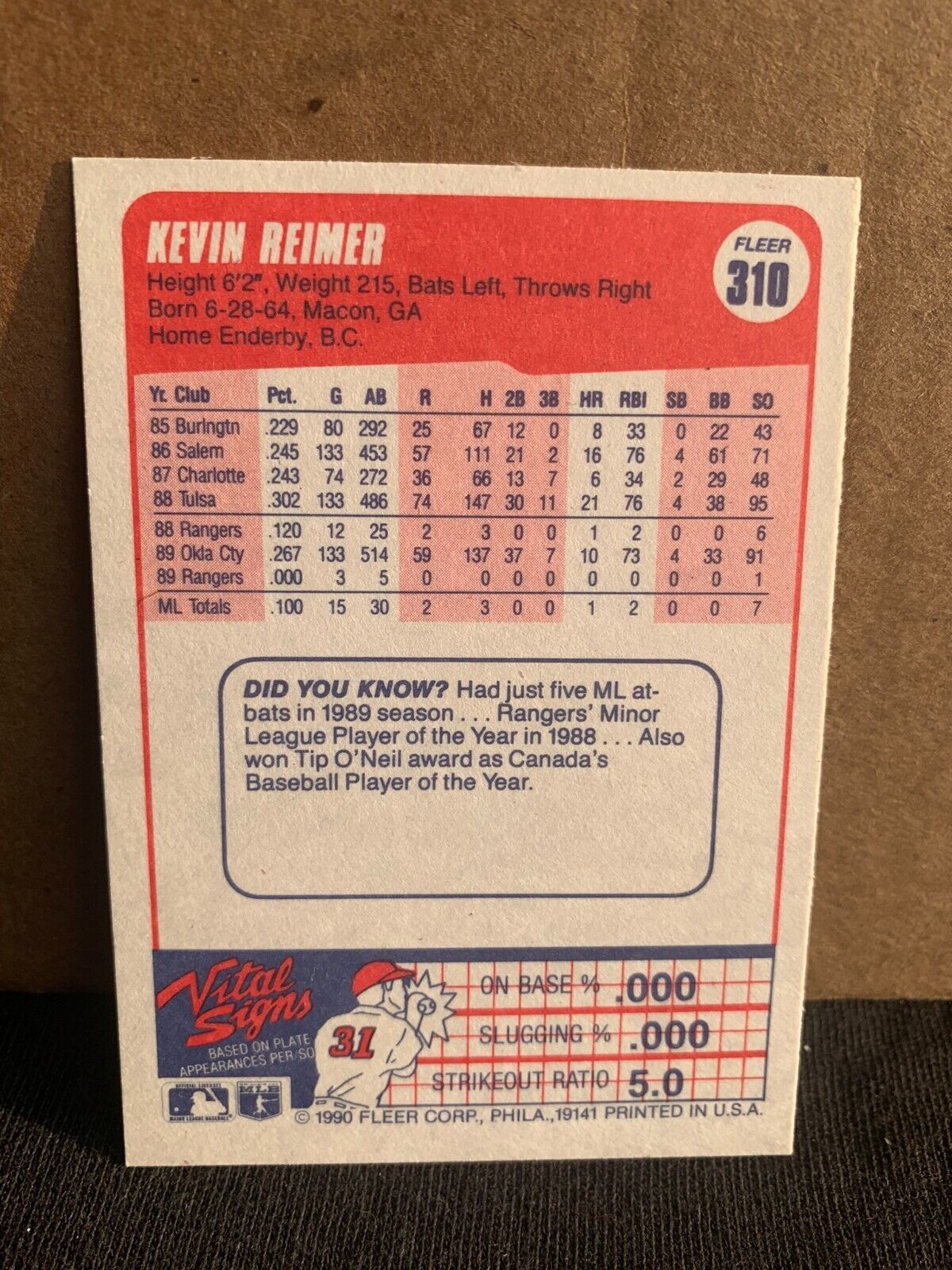 1990 Fleer Baseball Card Texas Rangers Kevin Reimer