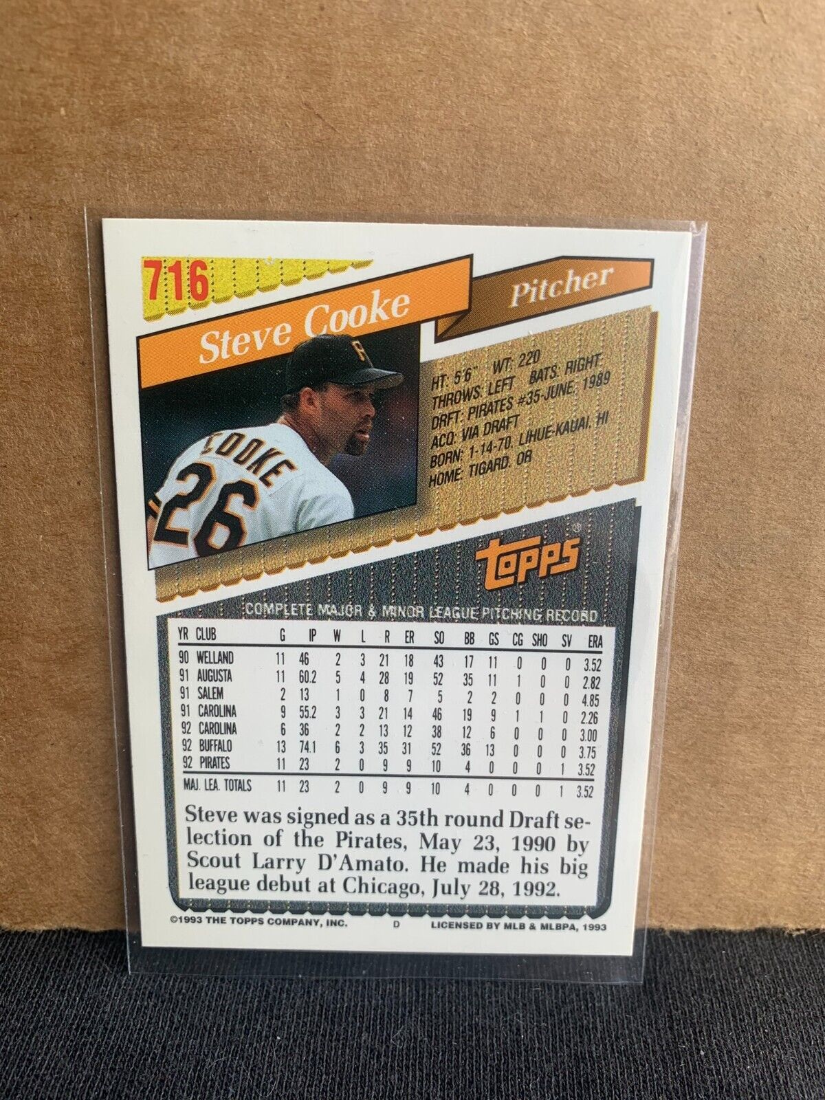 1993 Topps Baseball Card Pittsburgh Pirates Steve Cooke