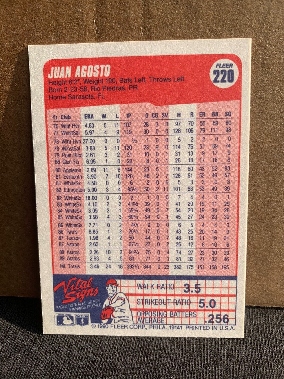 1990 Fleer Baseball Card Houston Astros Juan Agosto