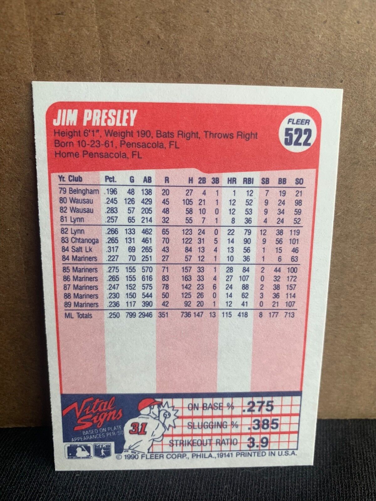 1990 Fleer Baseball Card Seattle Mariners Jim Presley