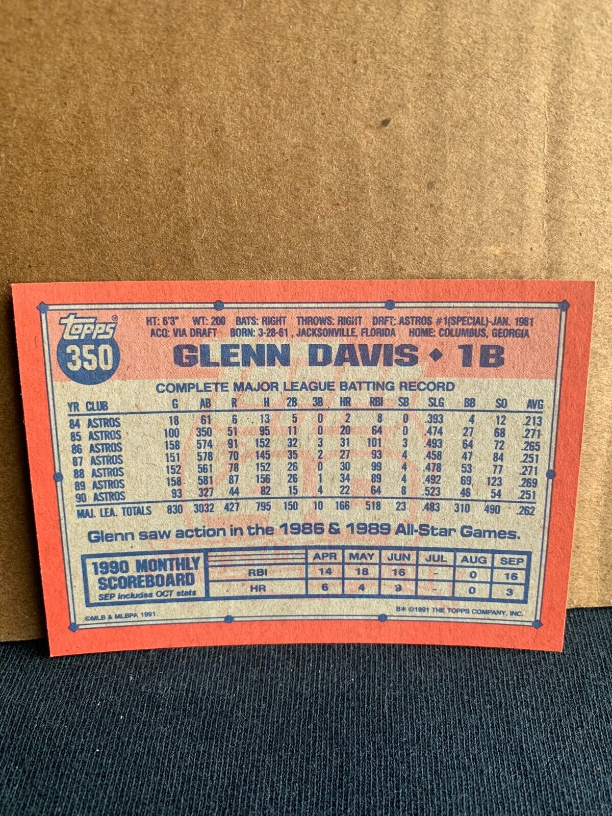 1991 Topps Baseball Card Houston Astros Glenn Davis
