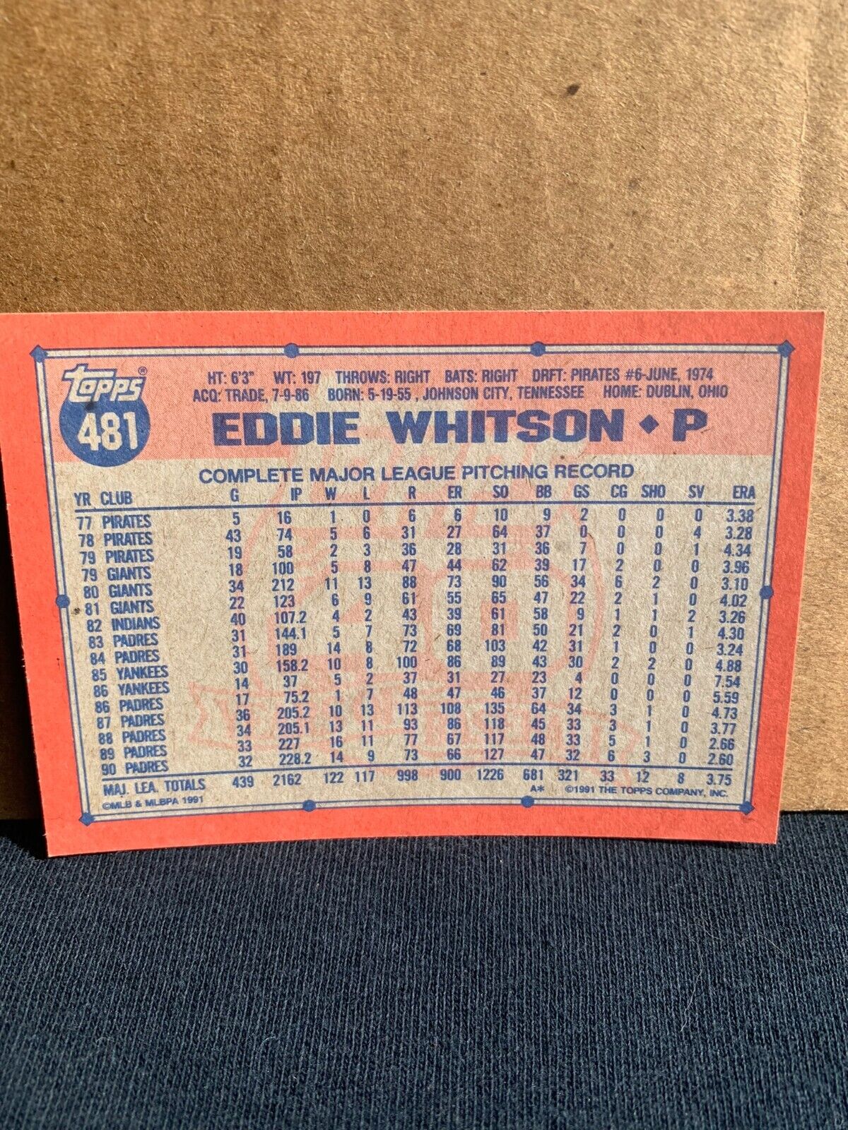 1991 Topps Baseball Card San Diego Padres Eddie Whitson