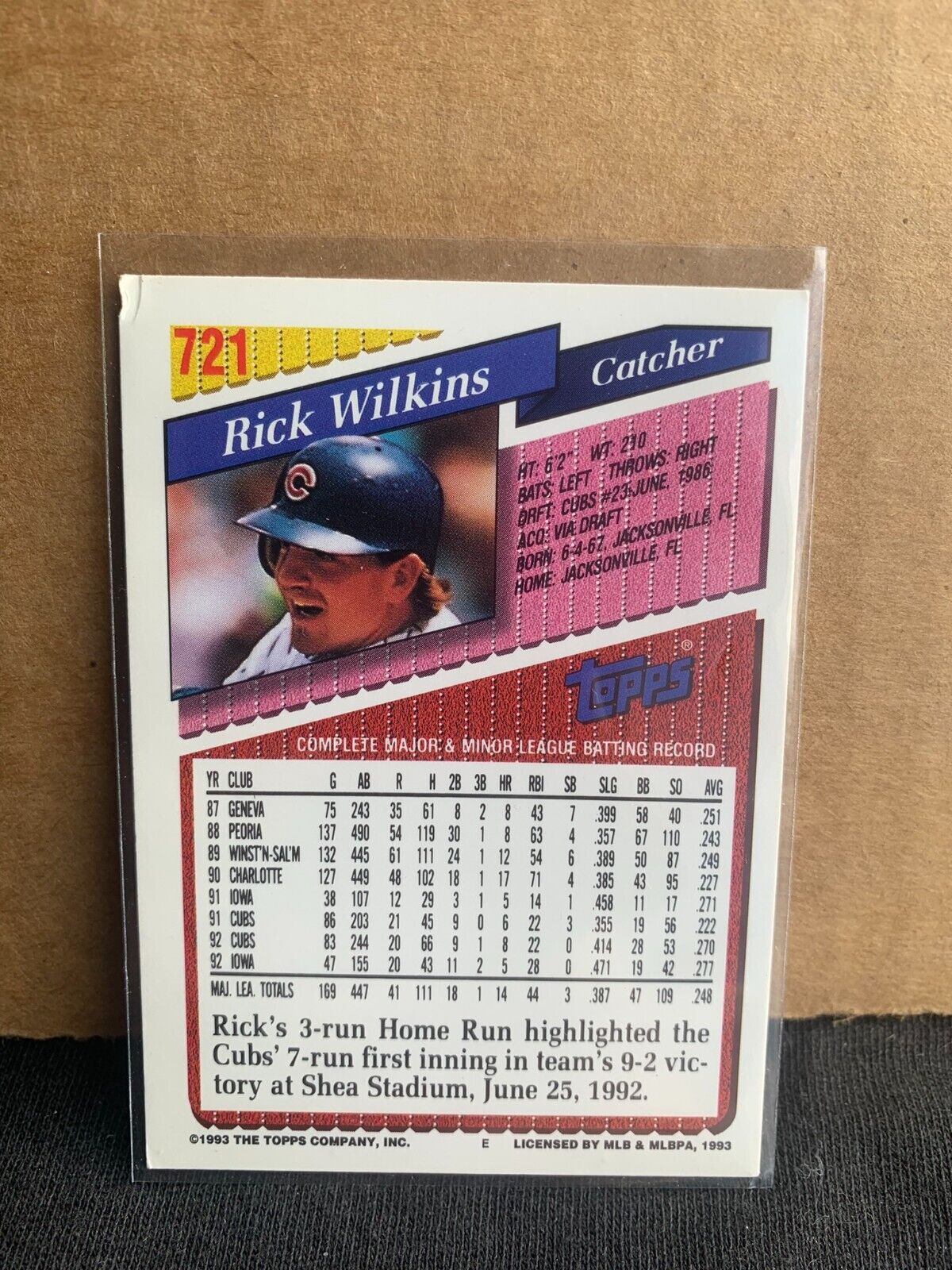 1993 Topps Baseball Card Chicago Cubs Rick Wilkins  