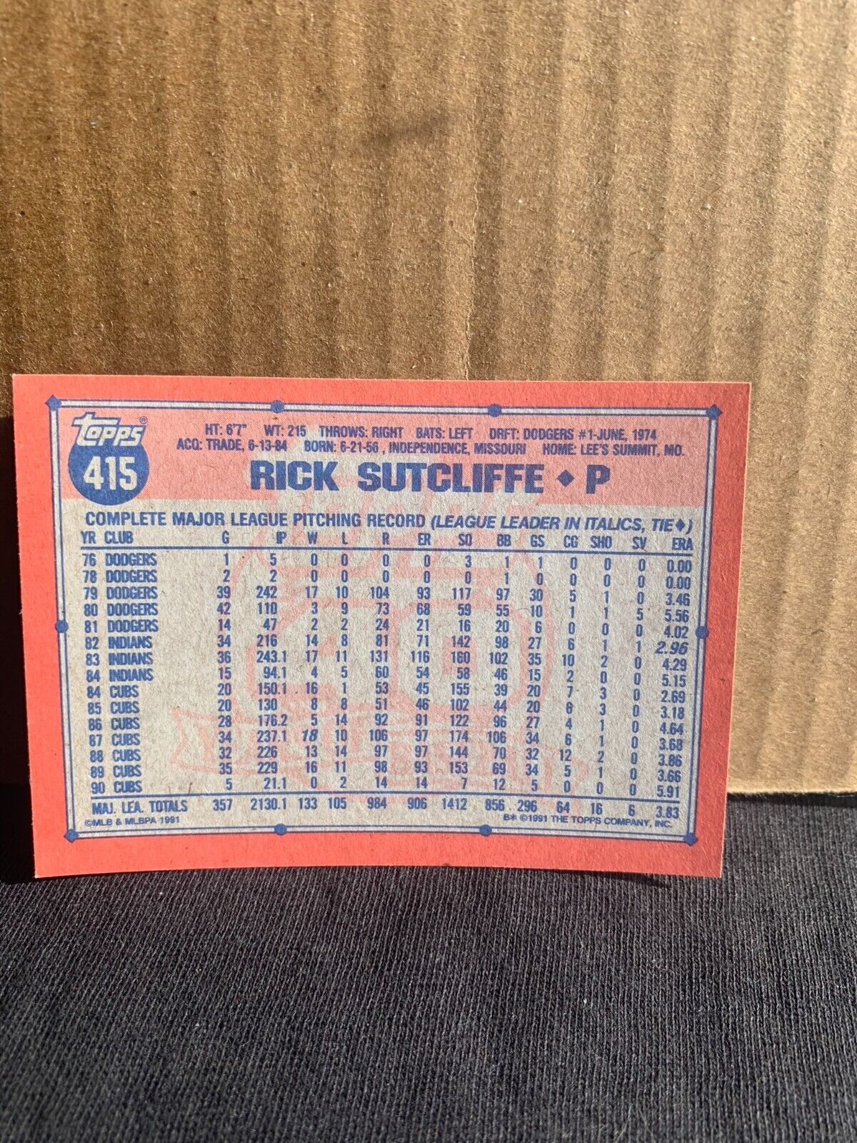 1991 Topps Baseball Card Chicago Cubs Rick Sutcliffe