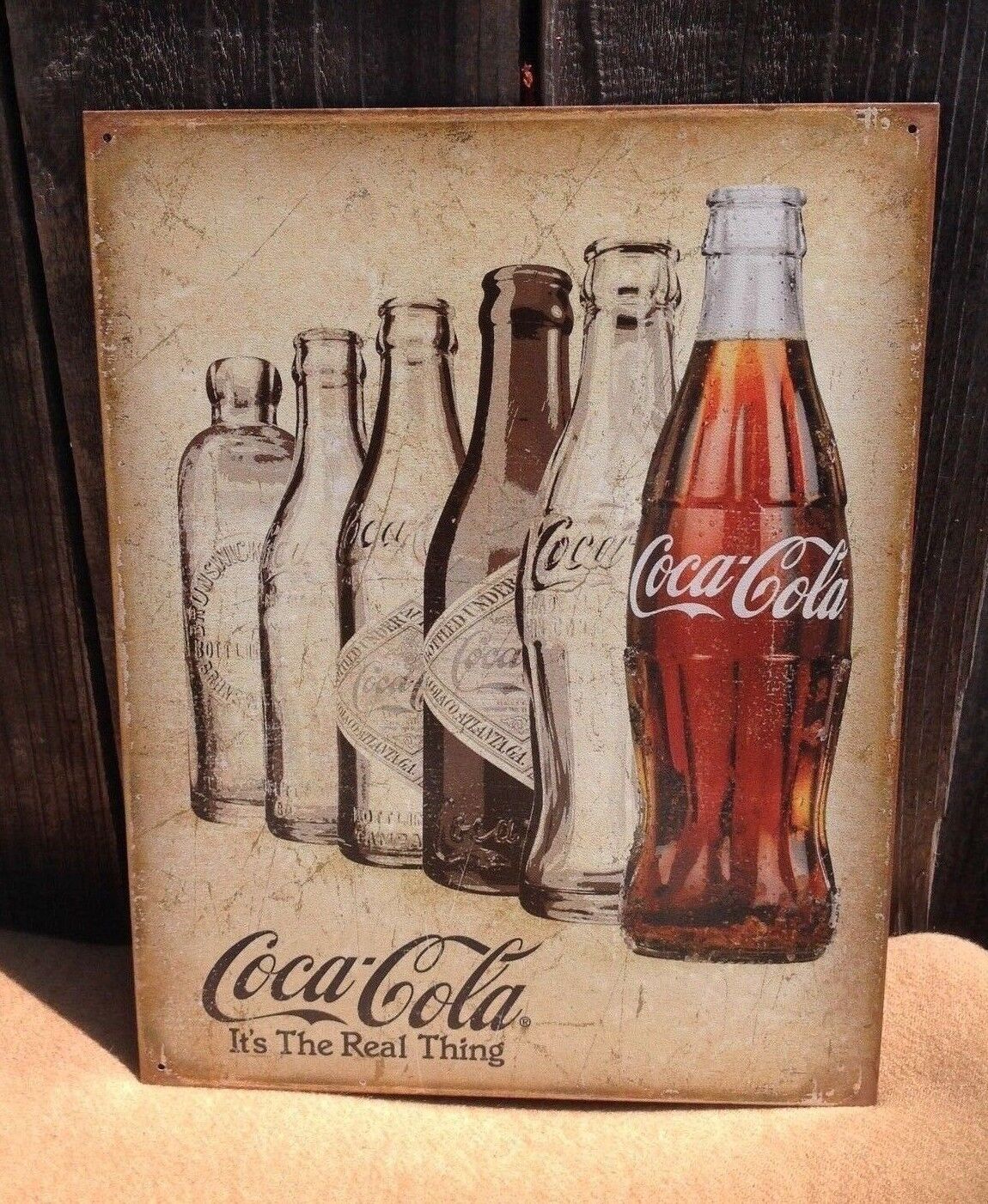 Vintage Coca Cola Sign Tin Metal Soda Bottle Evolution Advertising Real Thing