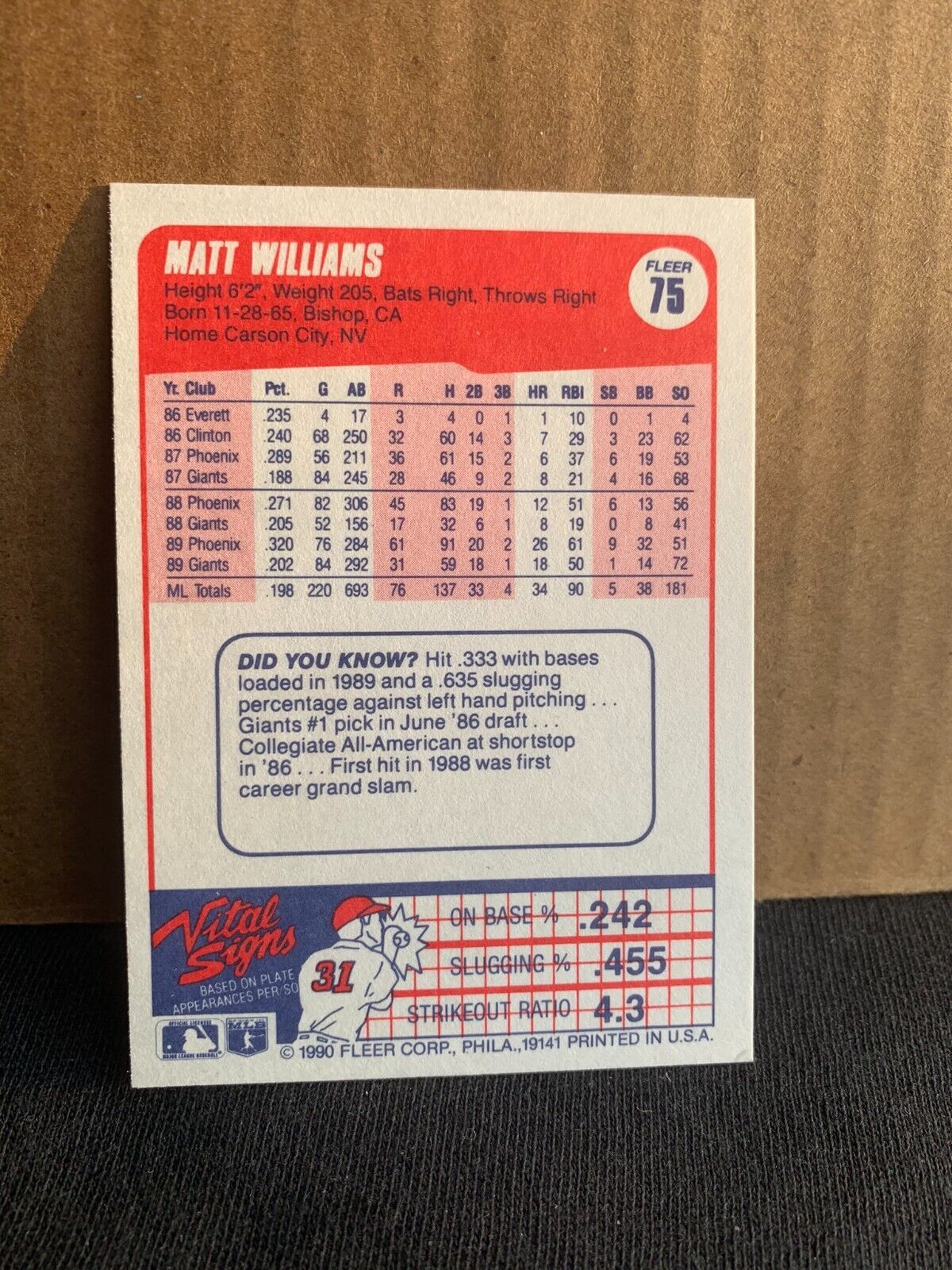 1990 Fleer Baseball Card San Francisco Giants Matt Williams