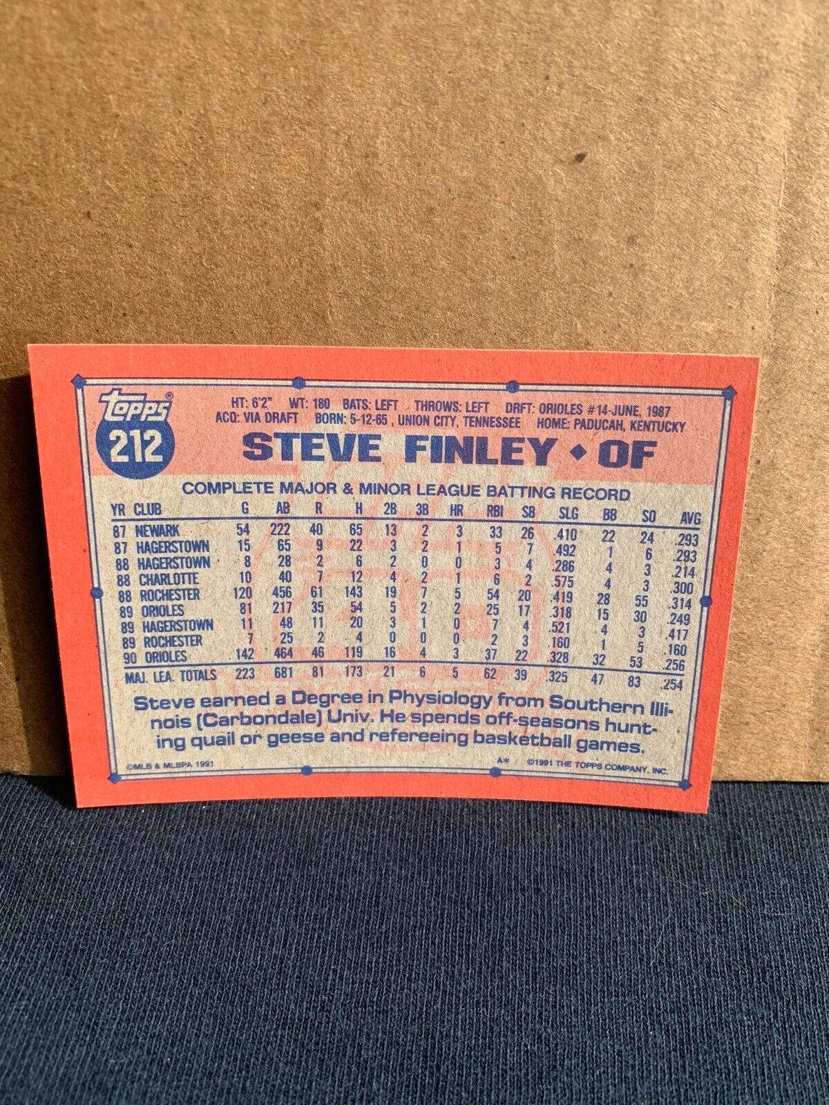 1991 Topps Baseball Card Baltimore Orioles Steve Finley
