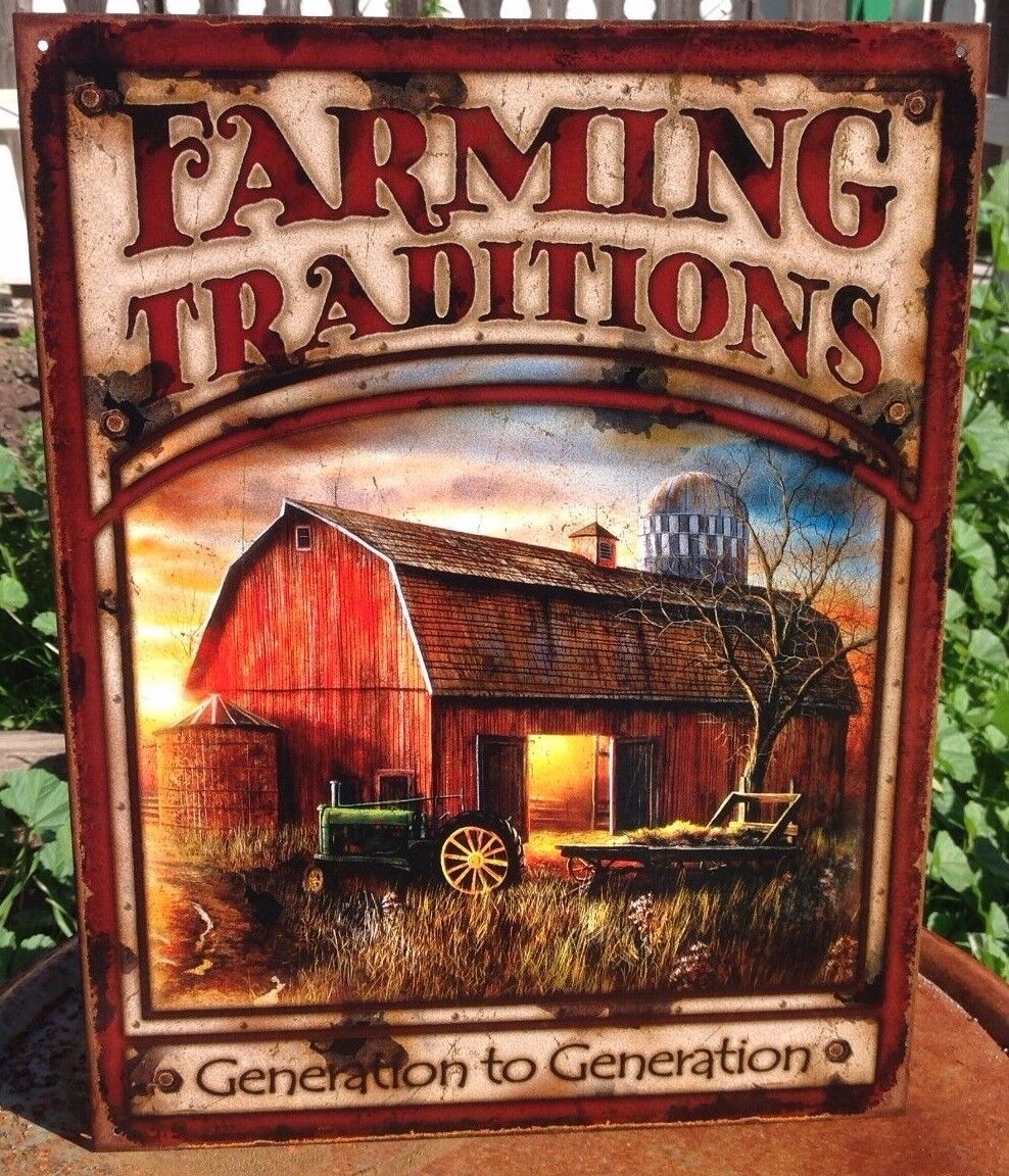 Farming Traditions Generation Tractor Tin Metal Sign Garage Classic Red Barn Hay