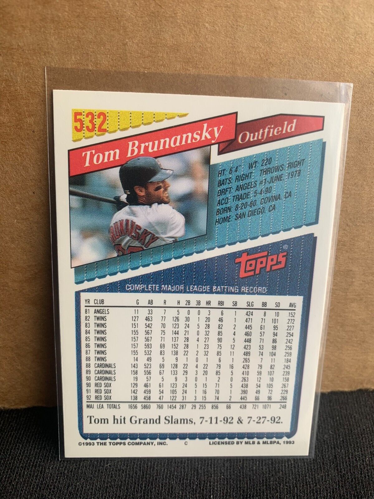 1993 Topps Baseball Card Boston Red Sox Tom Brunansky