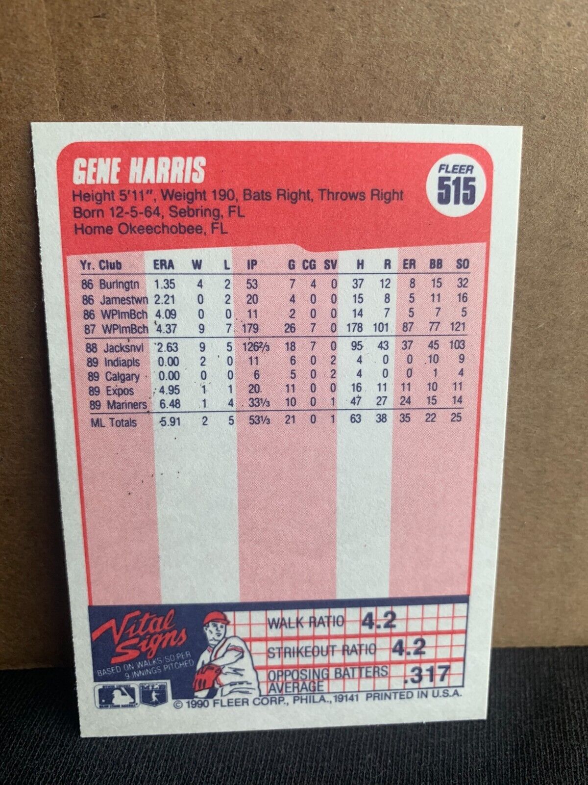 1990 Fleer Baseball Card Seattle Mariners Gene Harris
