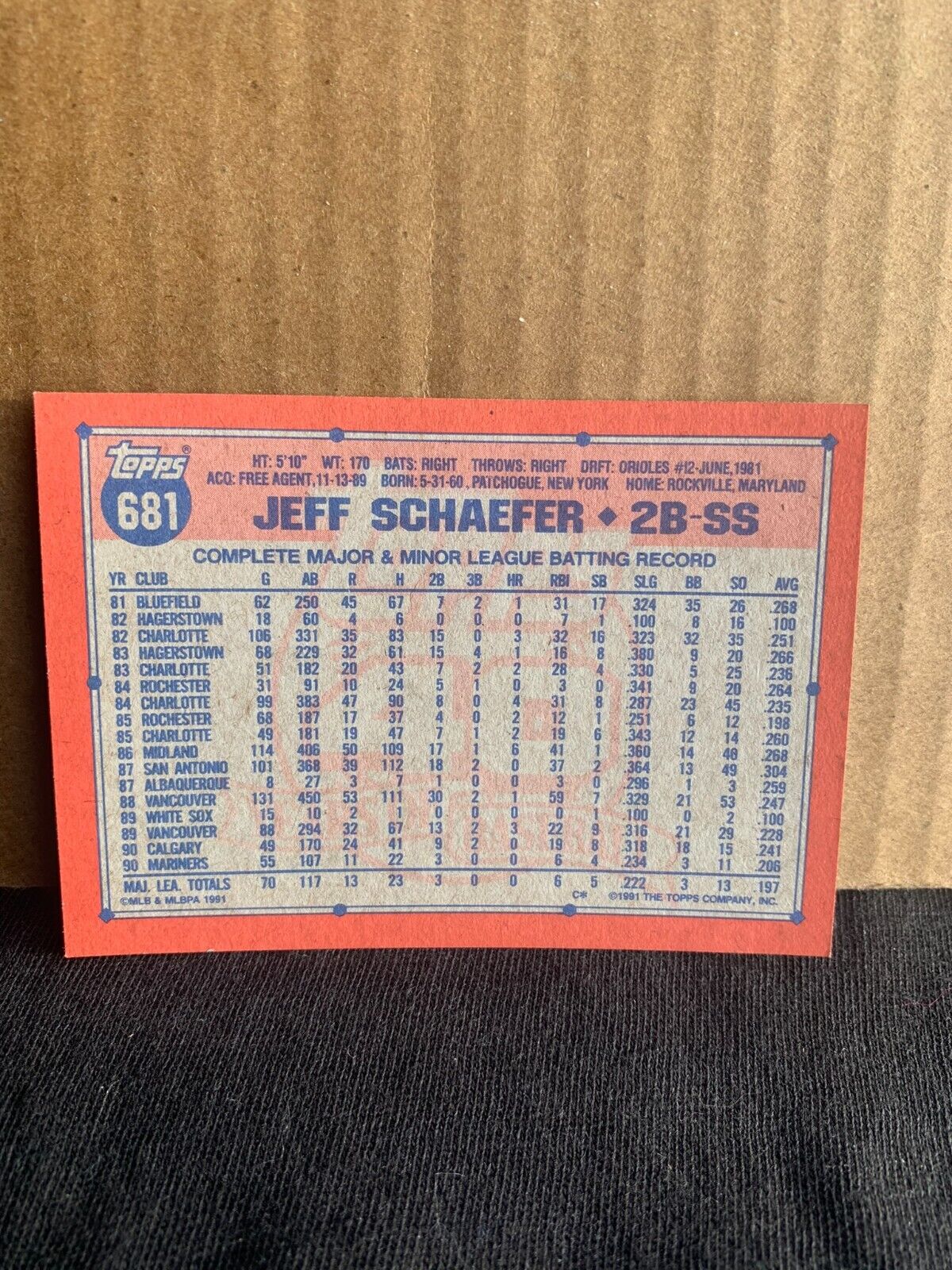 1991 Topps Baseball Card Seattle Mariners Jeff Schaefer