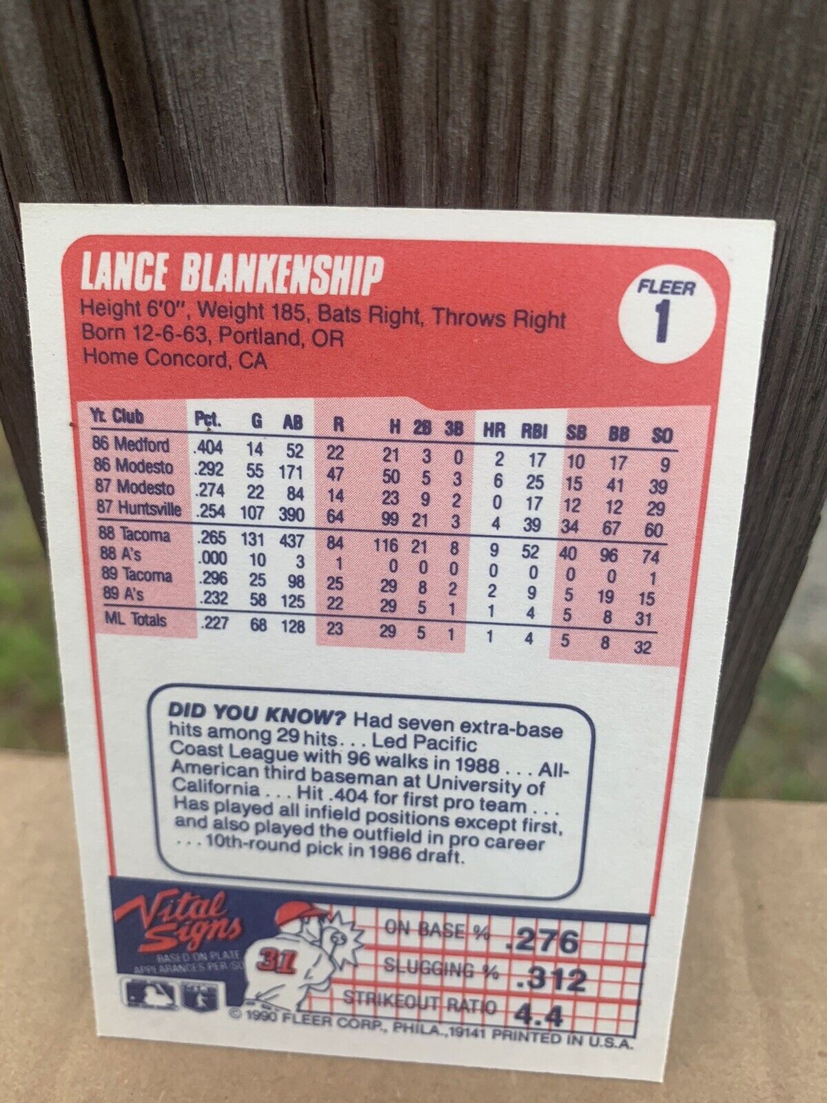 1990 Fleer Baseball Card Oakland Athletics Lance Blankenship