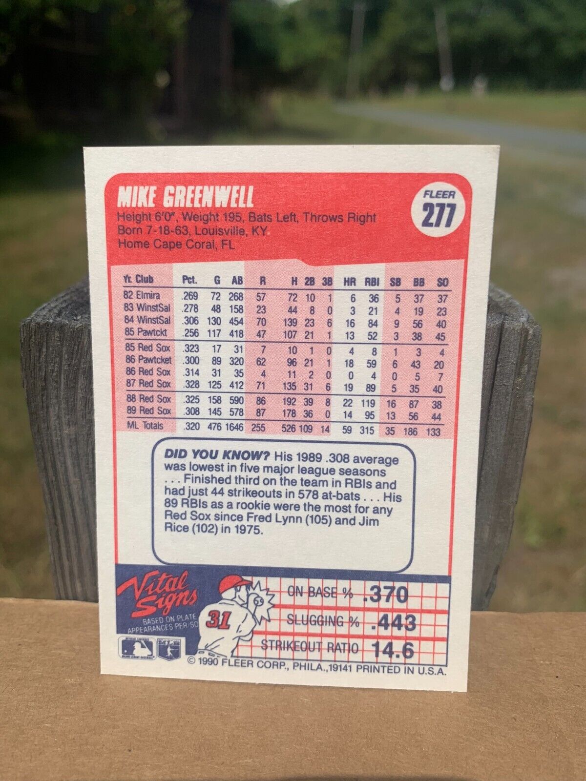 1990 Fleer Baseball Card Boston Red Sox Mike Greenwell