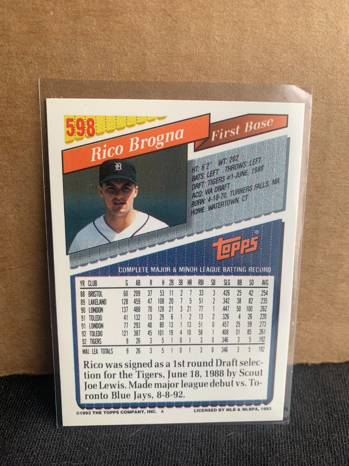 1993 Topps Baseball Card Detroit Tigers Rico Brogna