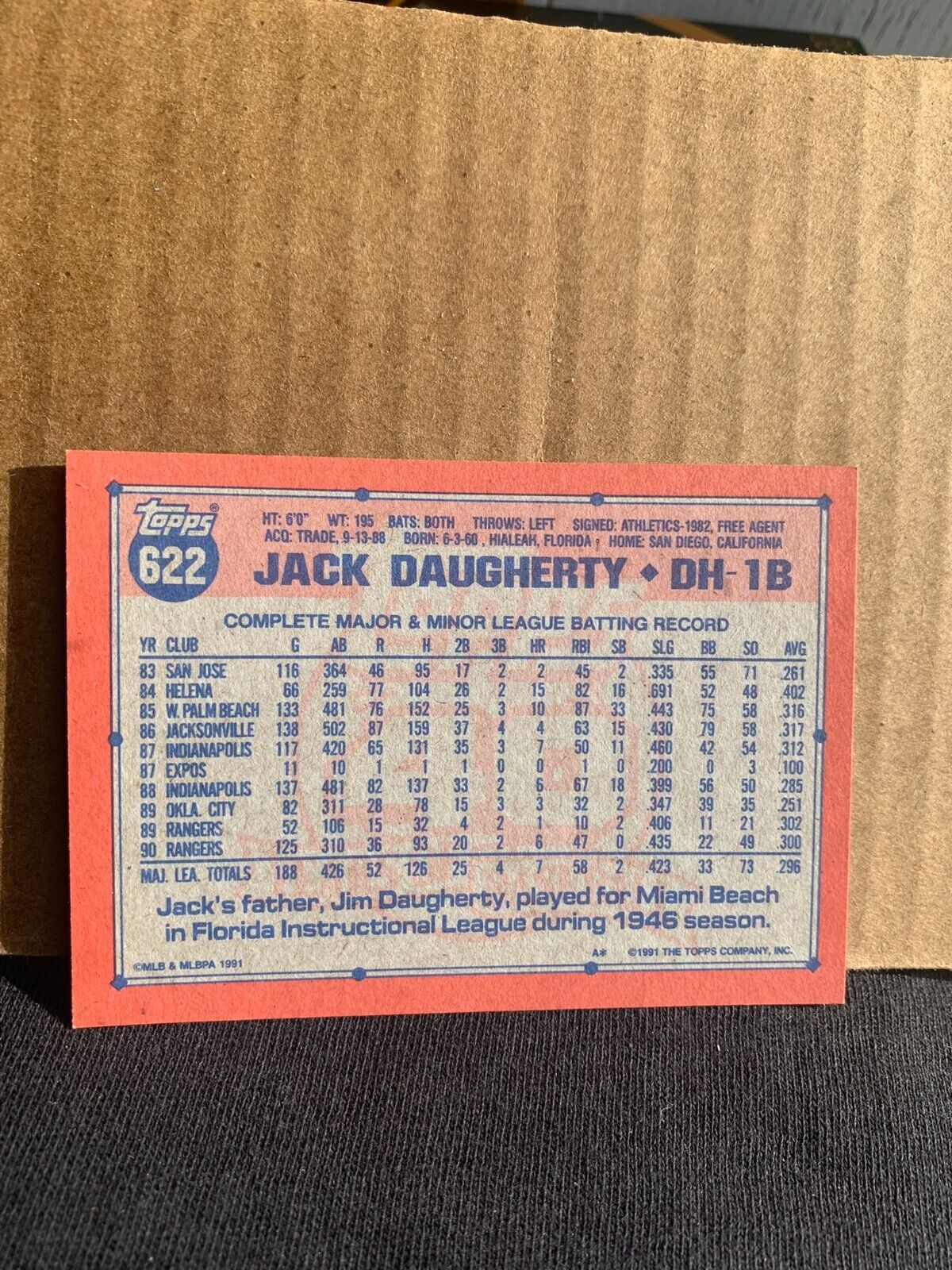 1991 Topps Baseball Card Texas Rangers Jack Daugherty