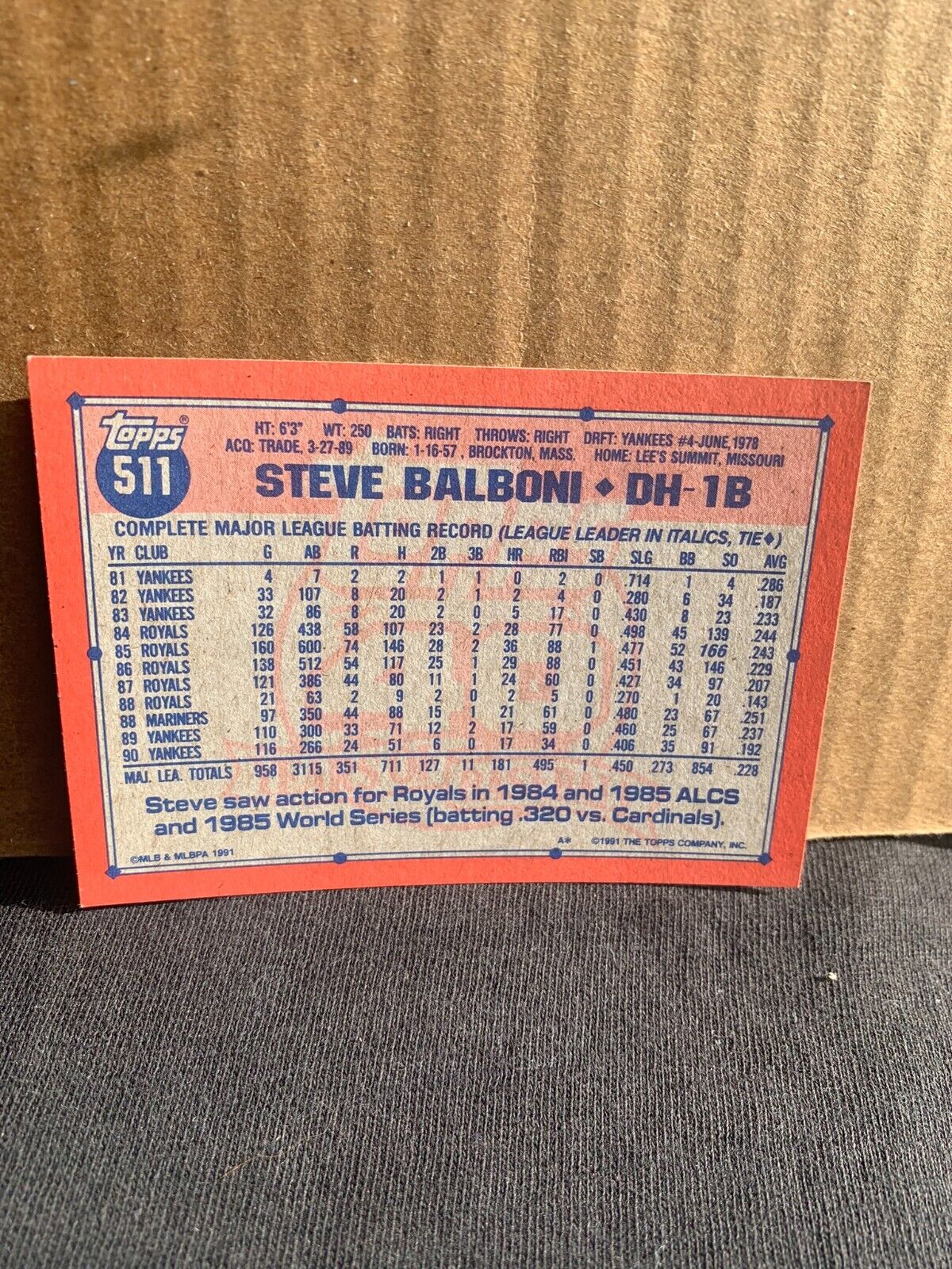 1991 Topps Baseball Card New York Yankees Steve Balboni