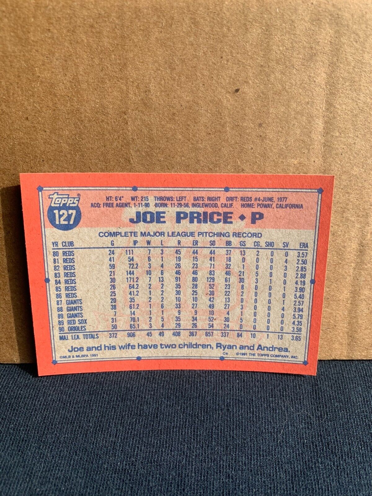 1991 Topps Baseball Card Baltimore Orioles Joe Price