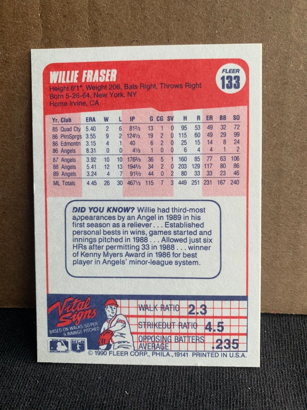 1990 Fleer Baseball Card California Angels Willie Fraser