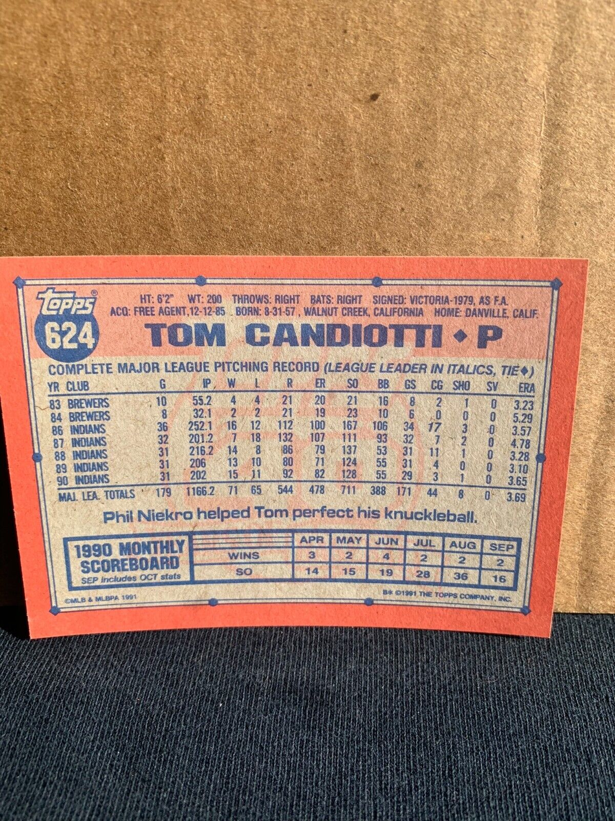 1991 Topps Baseball Card Cleveland Indians Tom Candiotti