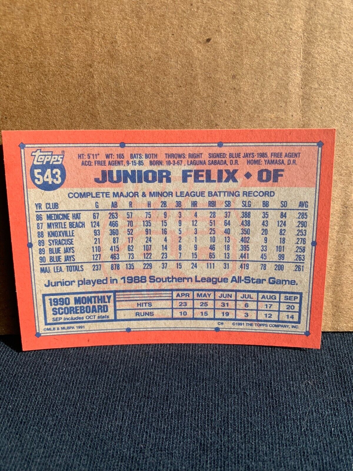1991 Topps Baseball Card Toronto Blue Jays Junior Felix
