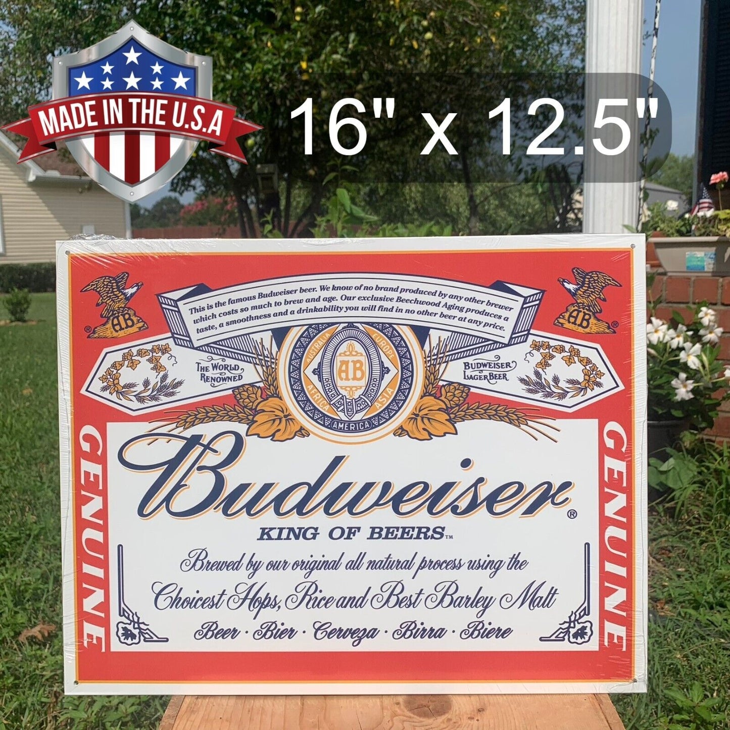Vintage Budweiser King of Beers Tin Metal Sign Genuine Classic Label Bar 