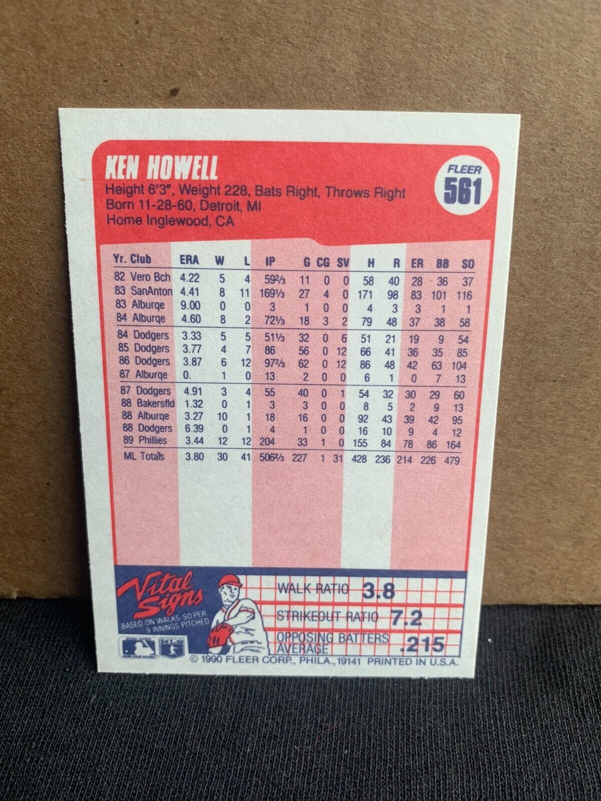 1990 Fleer Baseball Card Philadelphia Phillies Ken Howell