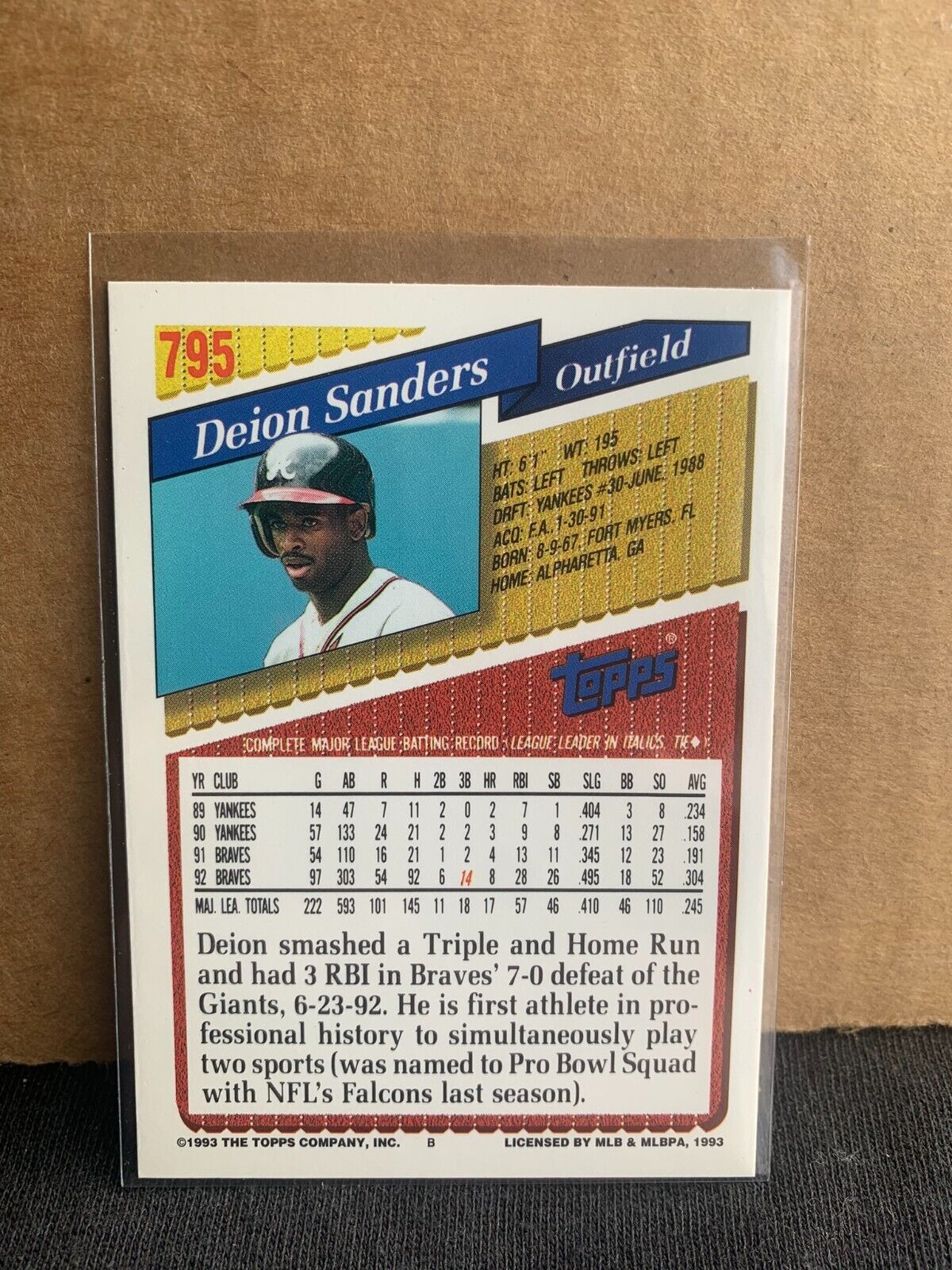 1993 Topps Baseball Card Atlanta Braves Deion Sanders 