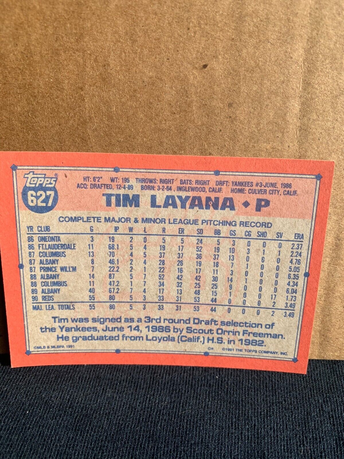 1991 Topps Baseball Card Cincinatti Reds Tim Layana
