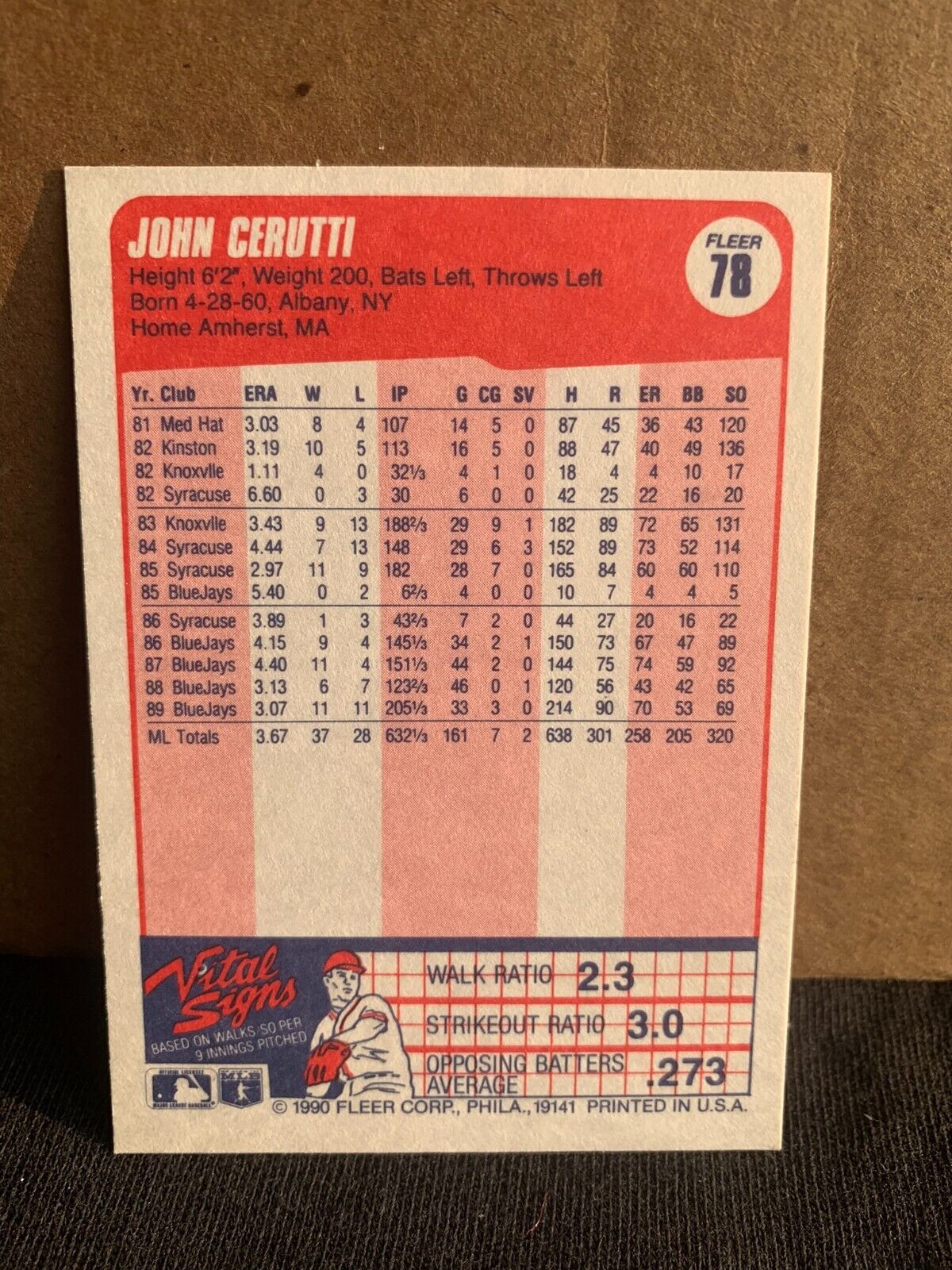 1990 Fleer Baseball Card Toronto Blue Jays John Cerutti