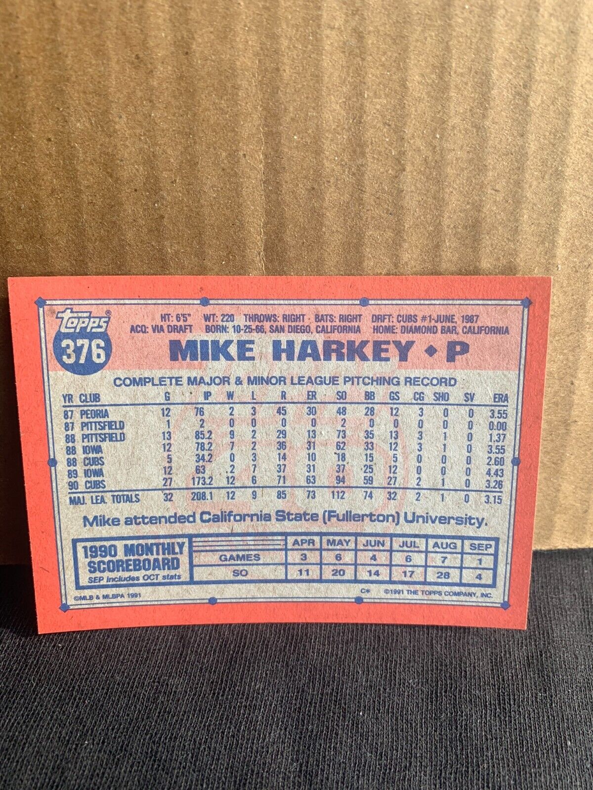 1991 Topps Baseball Card Chicago Cubs Mike Harkey