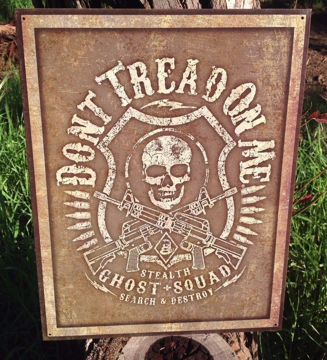 Dont Tread On Me Ghost Squad Skull Guns Tin Metal Sign Wall Search Destroy 