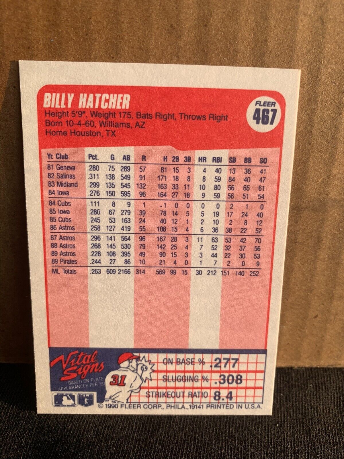 1990 Fleer Baseball Card Pittsburgh Pirates Billy Hatcher
