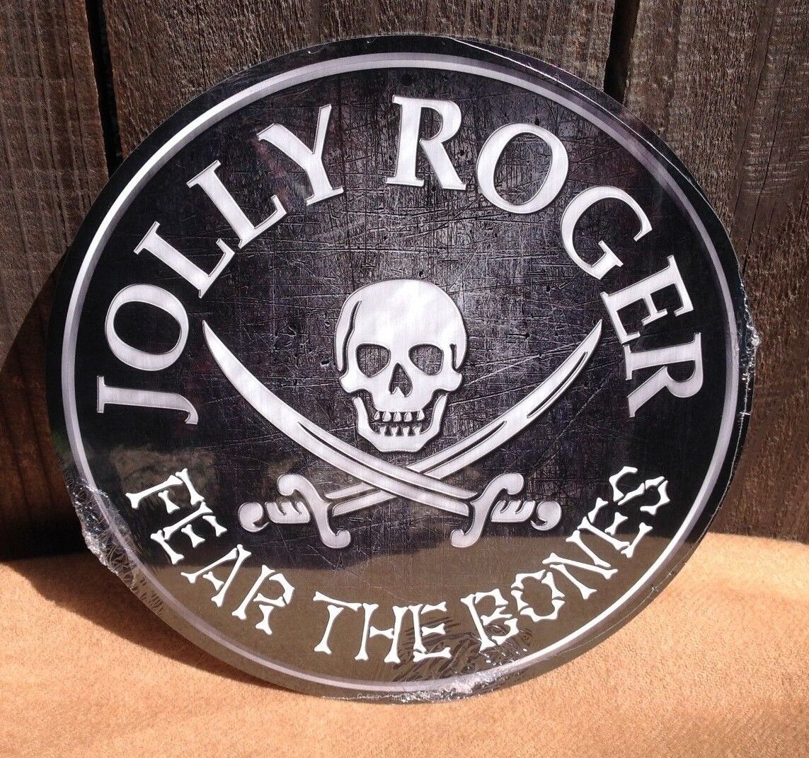 Jolly Rogers Fear the Bones Round Metal Sign Vintage Garage Skull Swords Rustic
