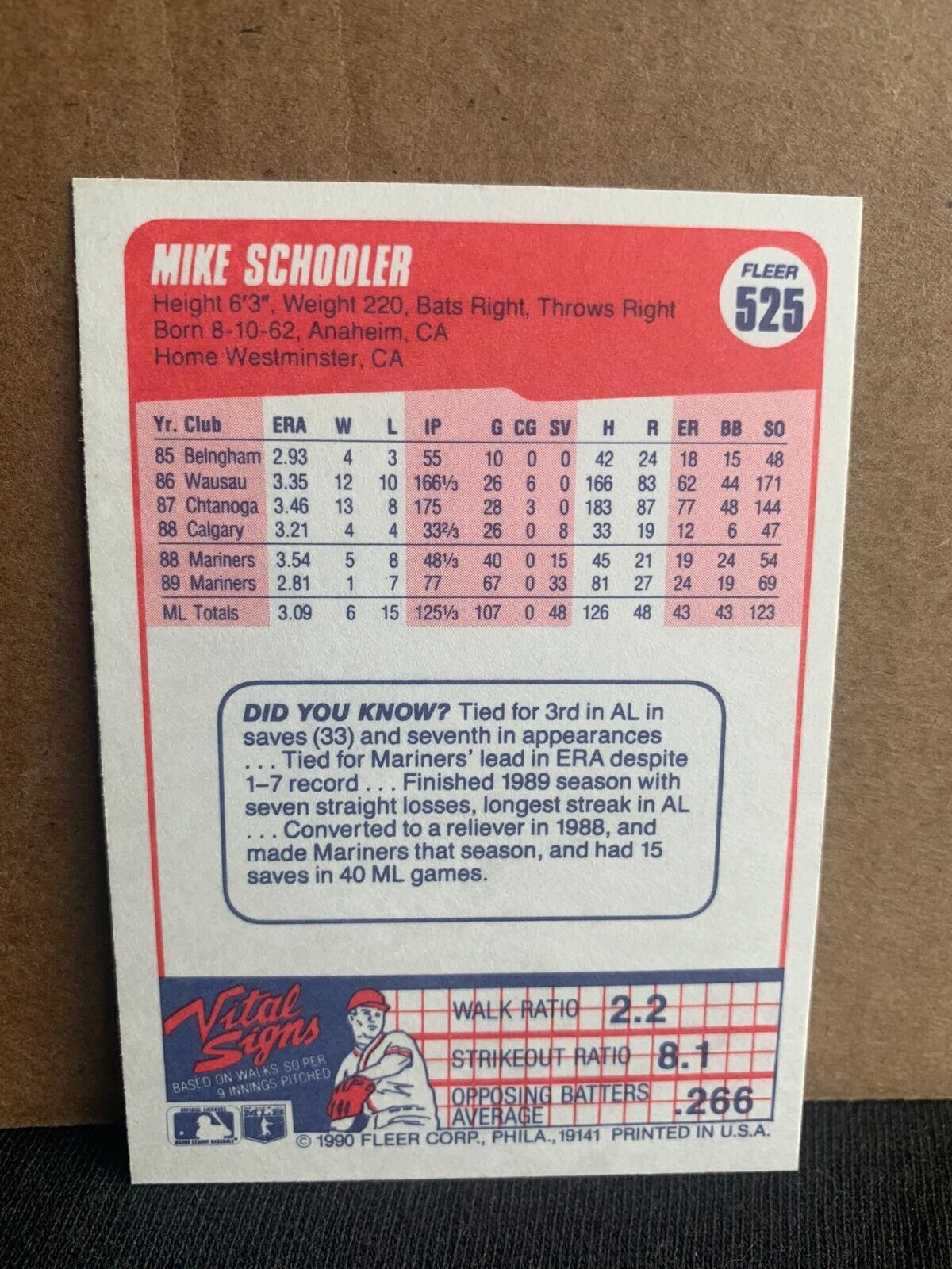 1990 Fleer Baseball Card Seattle Mariners Mike Schooler