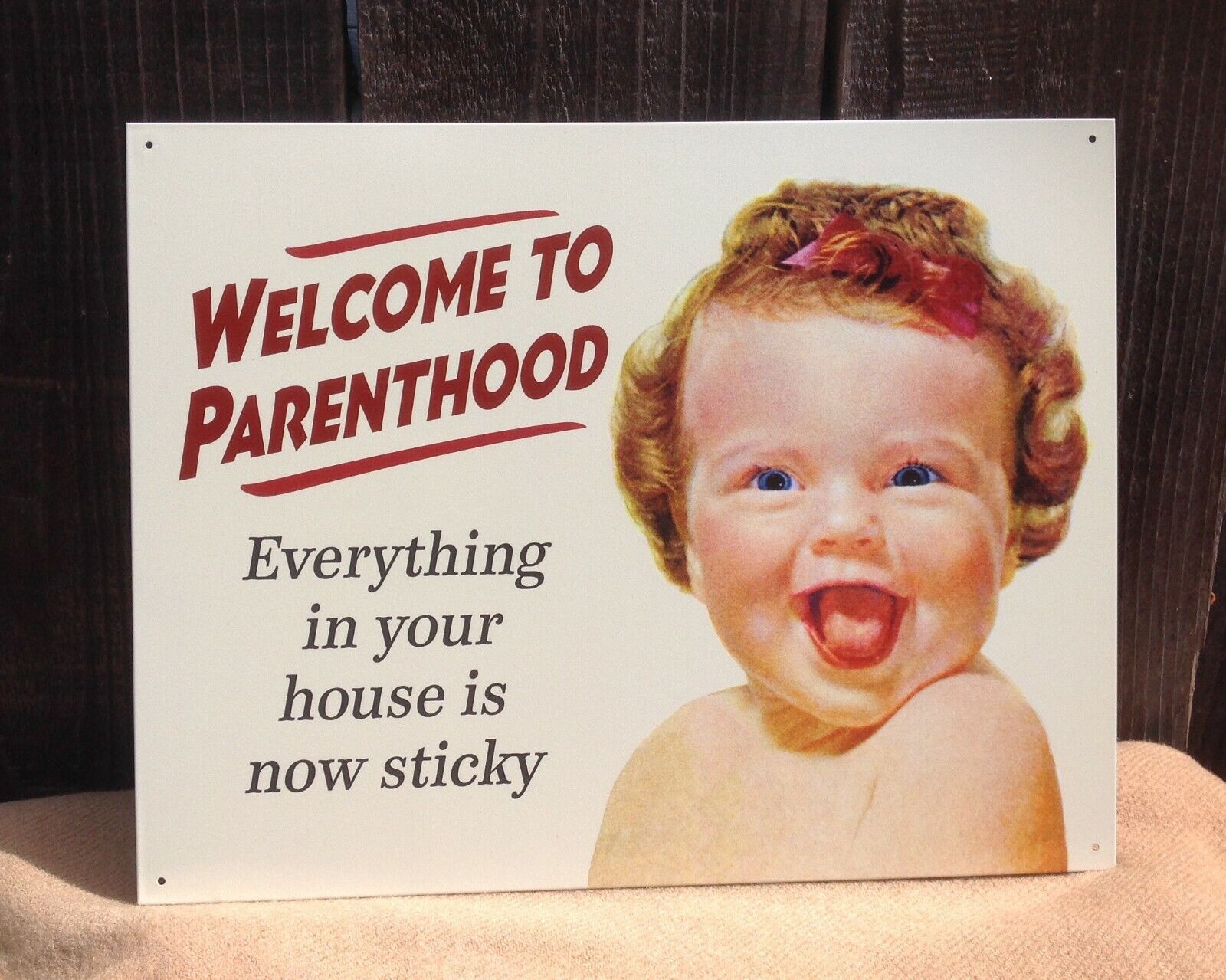 Welcome To Parenthood Everything Now Sticky Sign Tin Metal Wall Garage Rustic