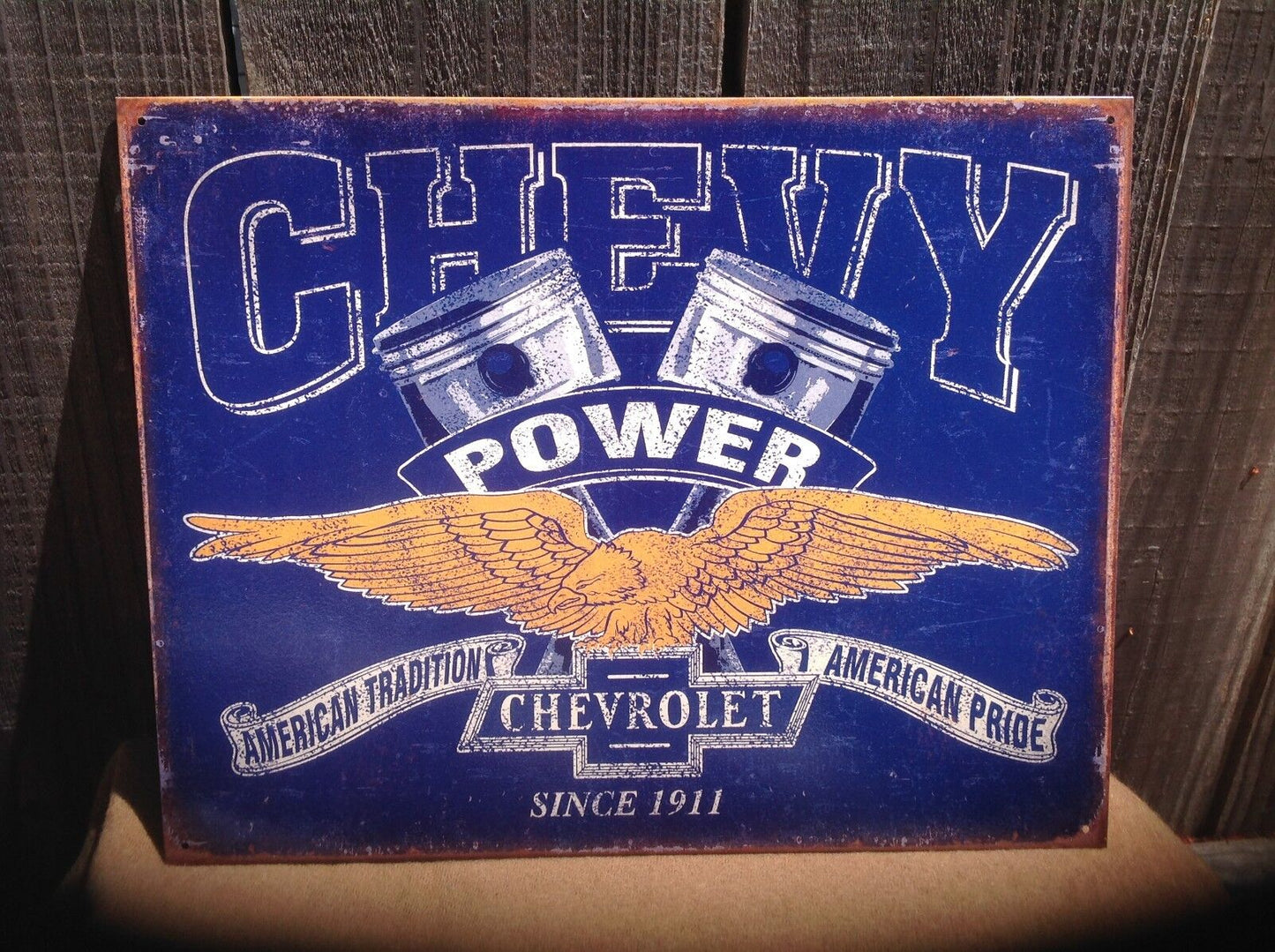 Vintage Chevy Power Since 1911 Tin Metal Sign Garage Shop Classic Wings Pistons