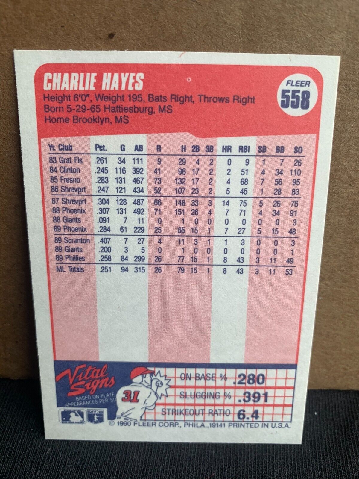 1990 Fleer Baseball Card Philadelphia Phillies Charlie Hayes