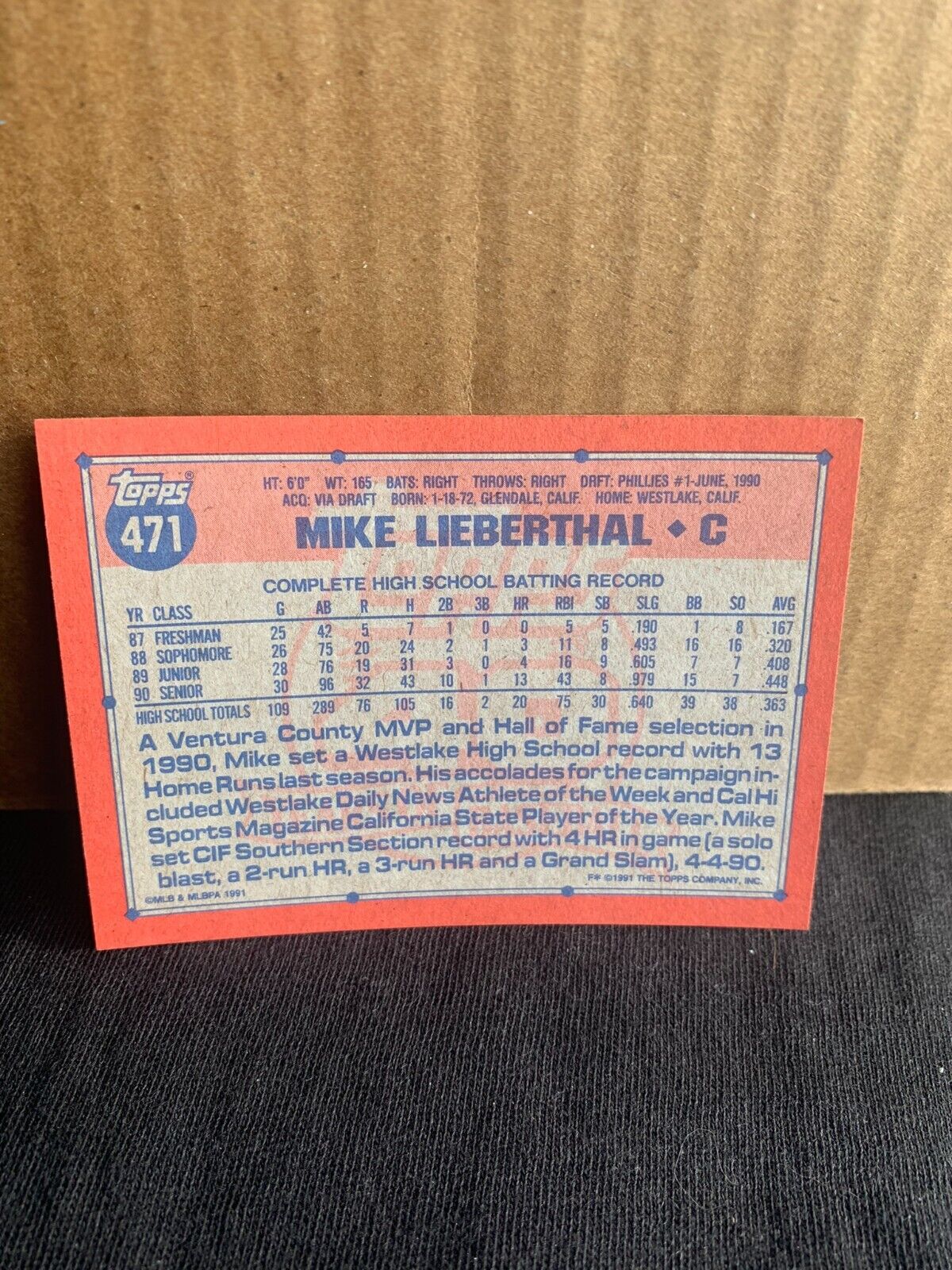 1991 Topps Baseball Card Philadelphia Phillies Mike Lieberthal Draft Pick
