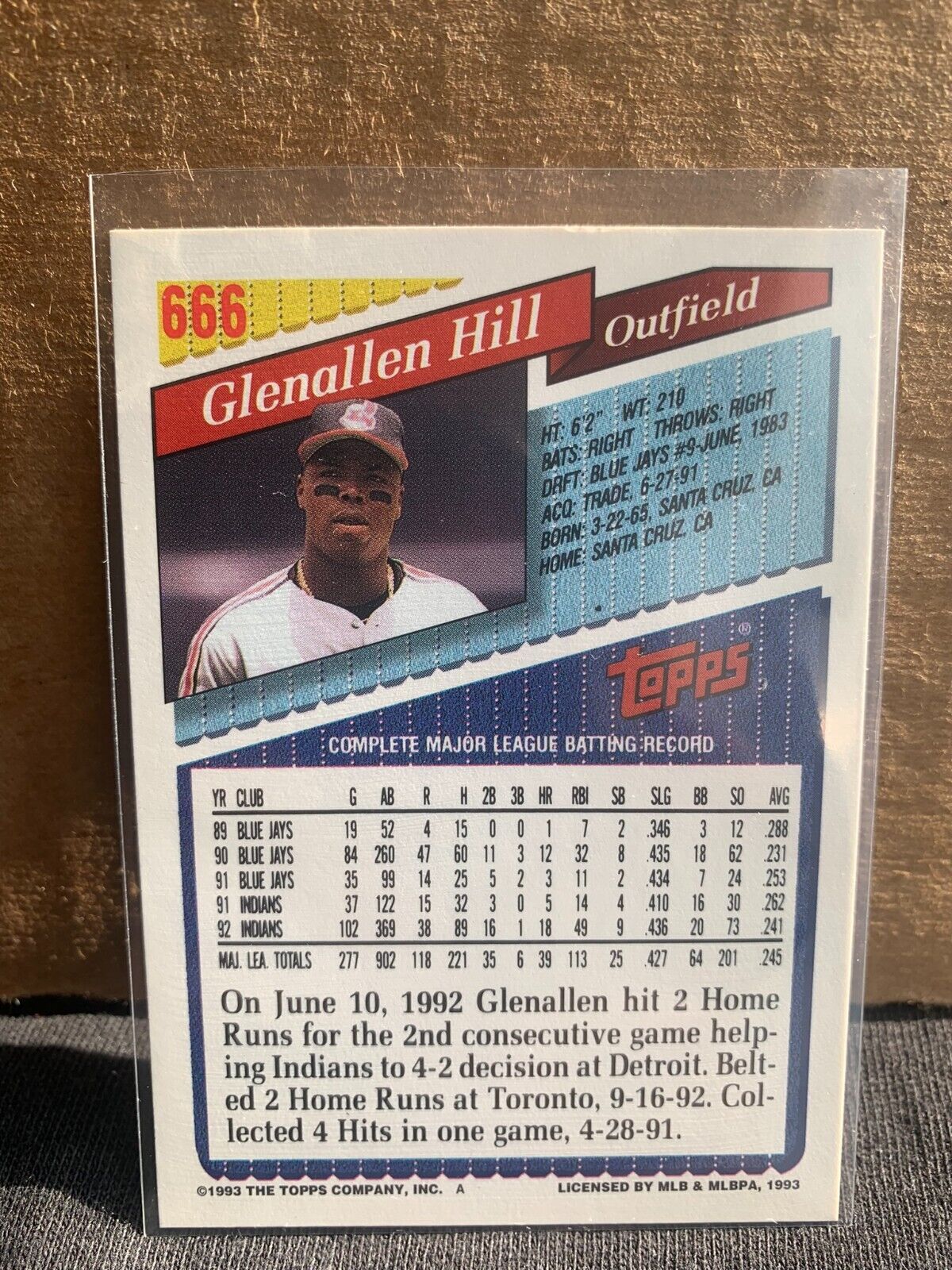 1993 Topps Baseball Card Cleveland Indians Glenallen Hill