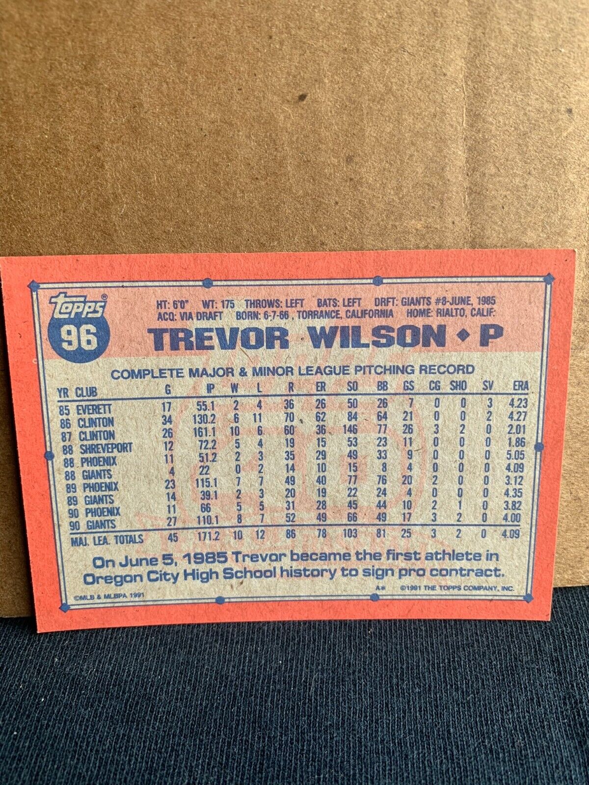 1991 Topps Baseball Card San Francisco Giants Trevor Wilson