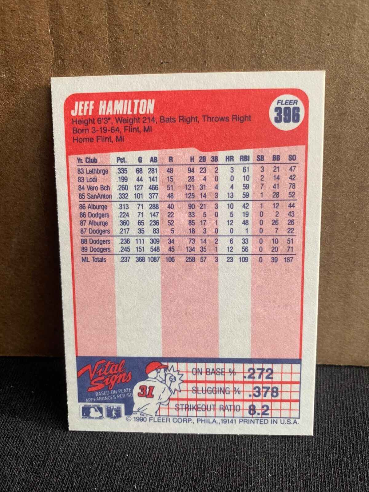 1990 Fleer Baseball Card Los Angeles Dodgers Jeff Hamilton