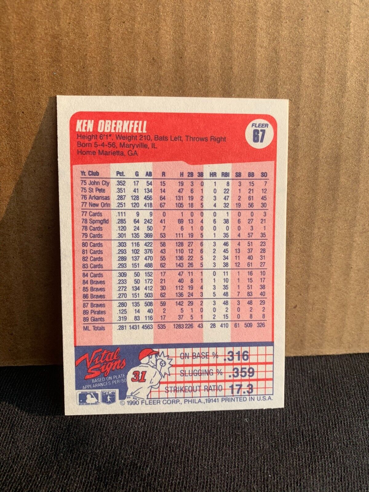 1990 Fleer Baseball Card San Francisco Giants Ken Oberkfell