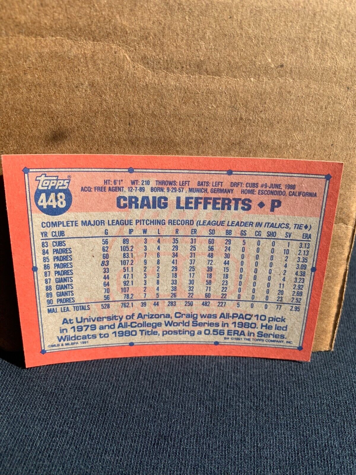 1991 Topps Baseball Card San Diego Padres Craig Lefferts