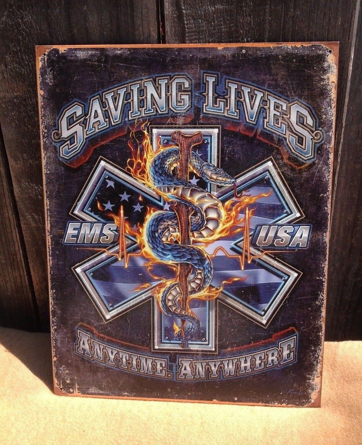 Ems Saving Lives Sign Metal Tin Vintage Patriotic Staff Asclepius Caduceus Fire