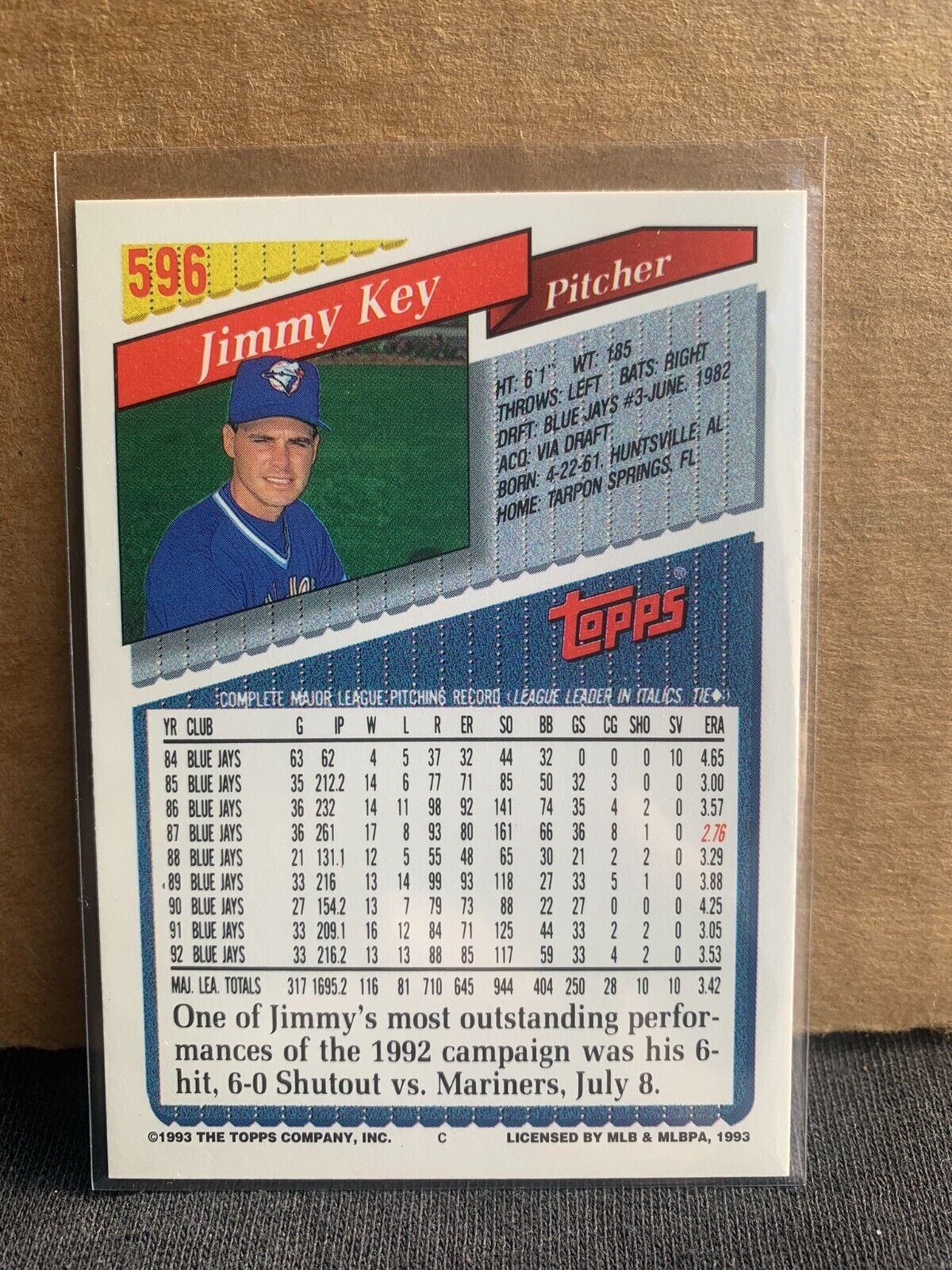 1993 Topps Baseball Card Toronto Blue Jays Jimmy Key