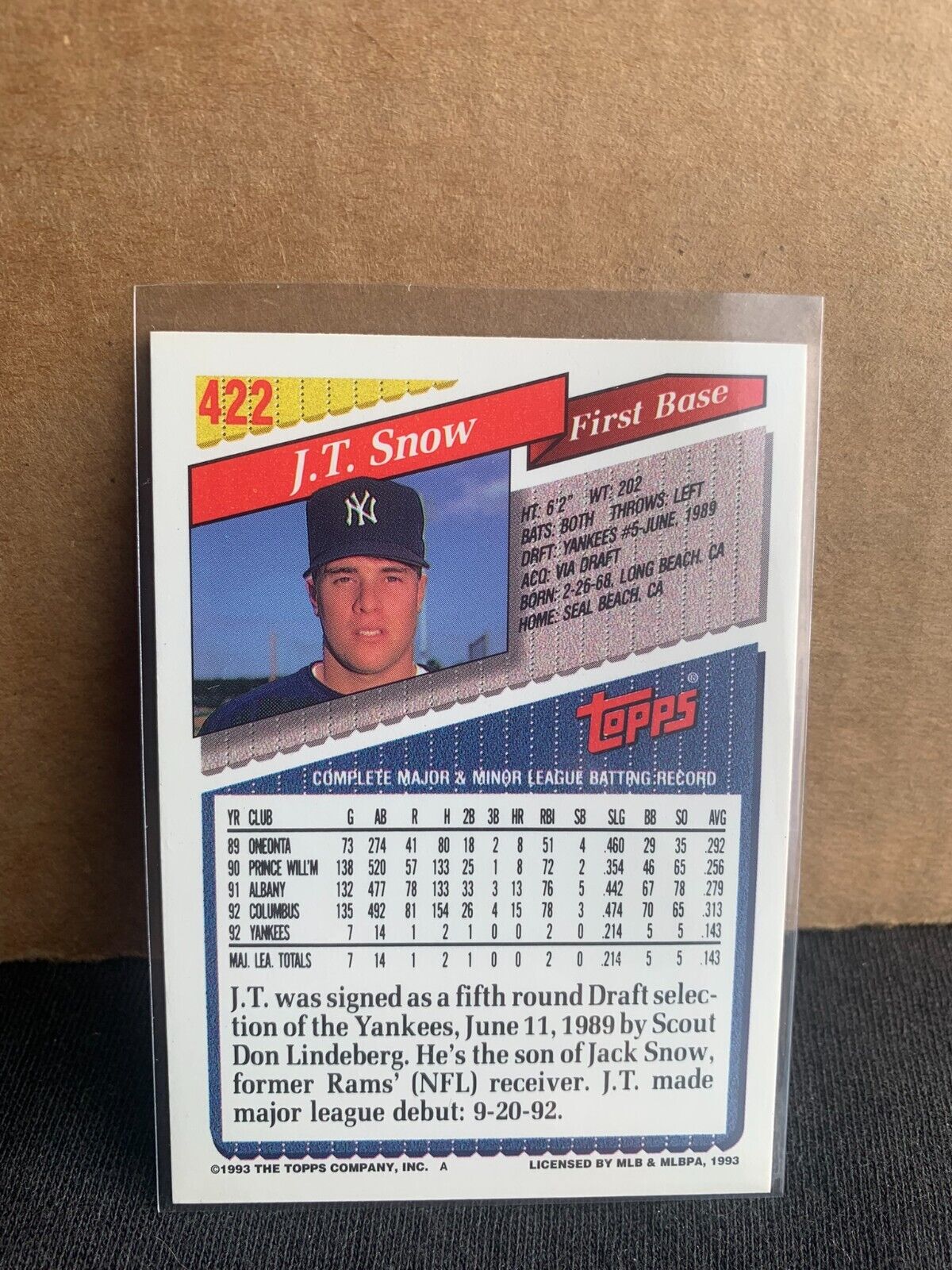 1993 Topps Baseball Card New York Yankees J.T. Snow