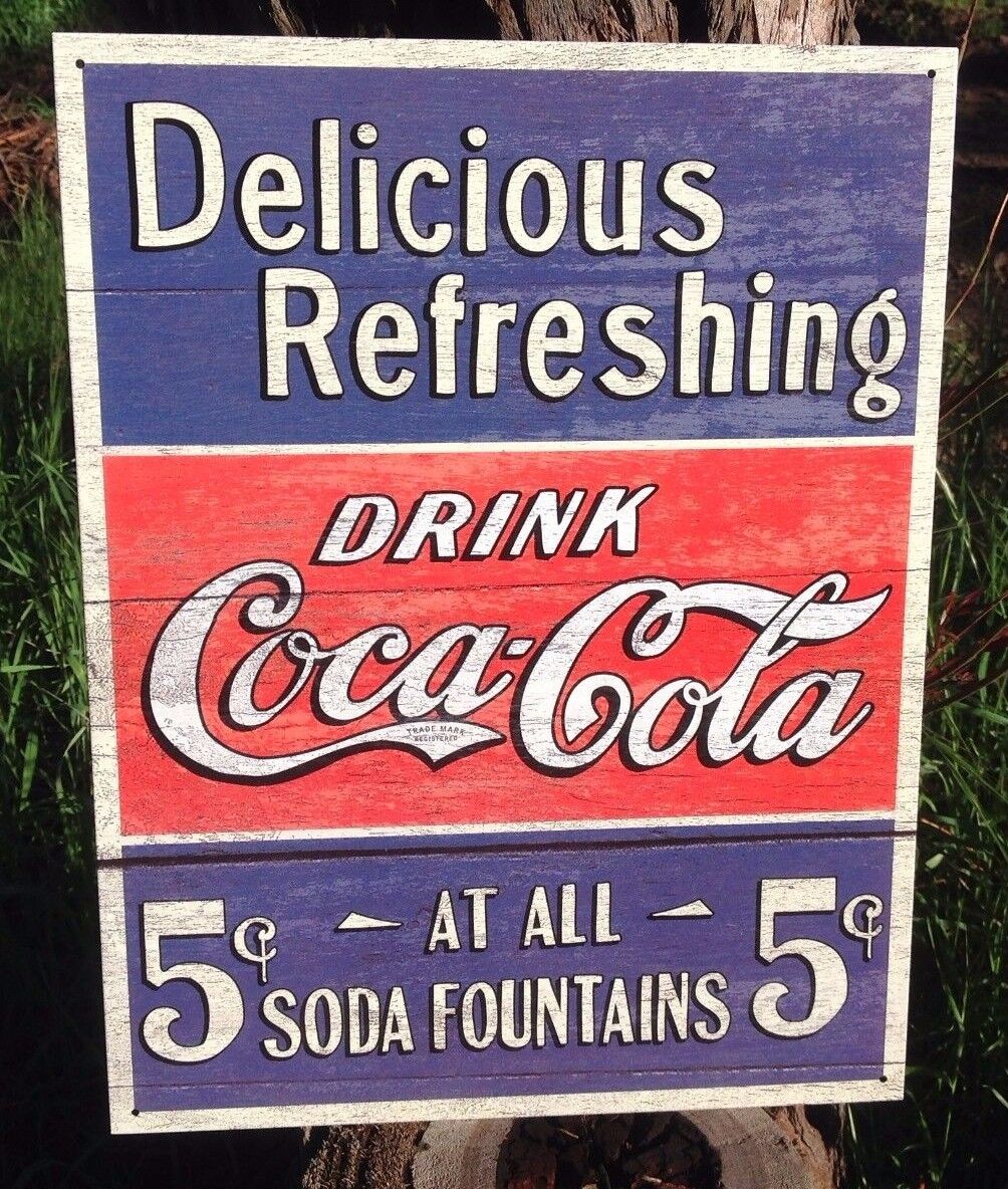 Vintage Coca Cola Sign Tin Metal Soda Pop Advertising Delicious Refreshing Drink