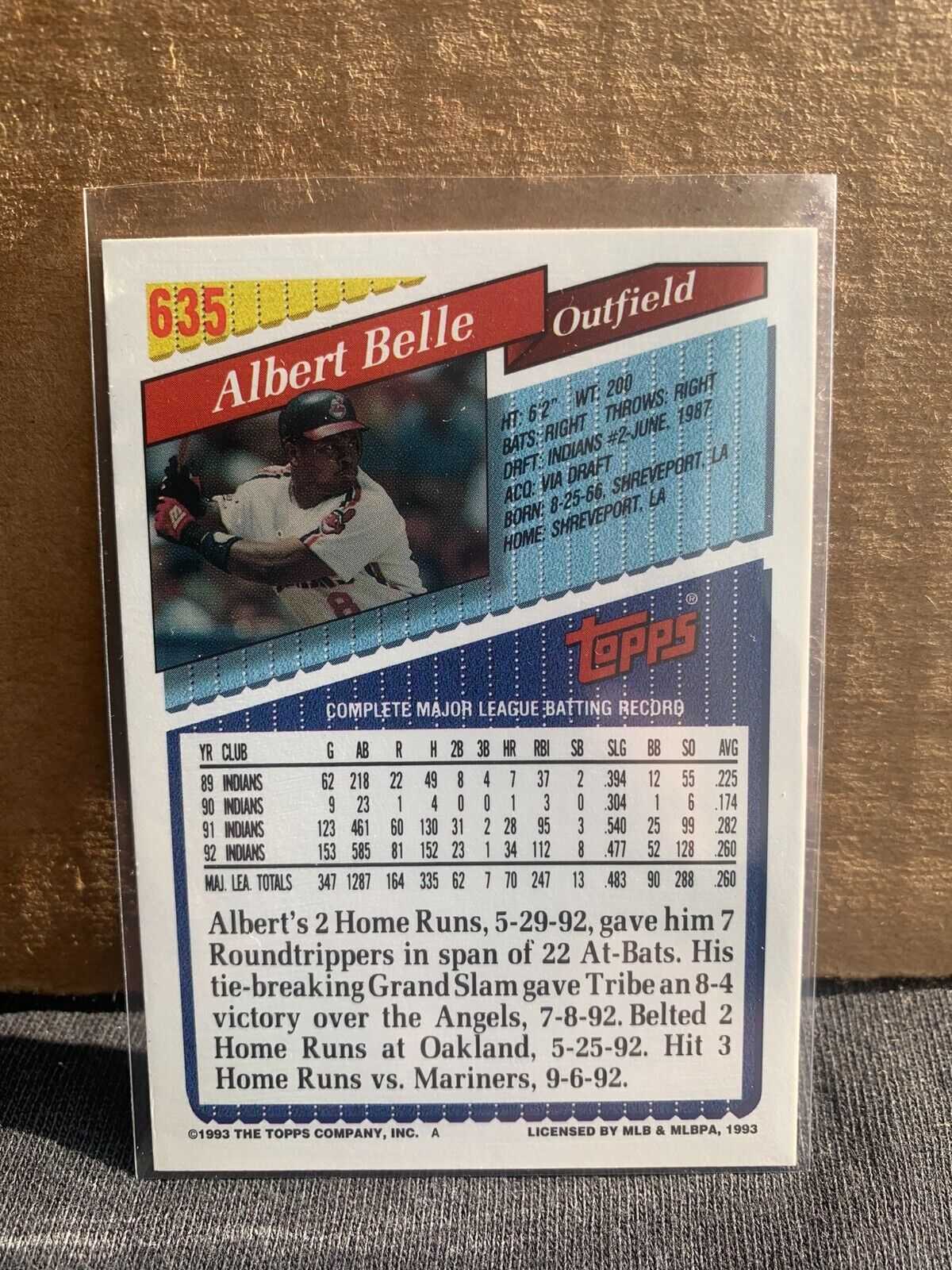 1993 Topps Baseball Card Cleveland Indians Albert Belle 