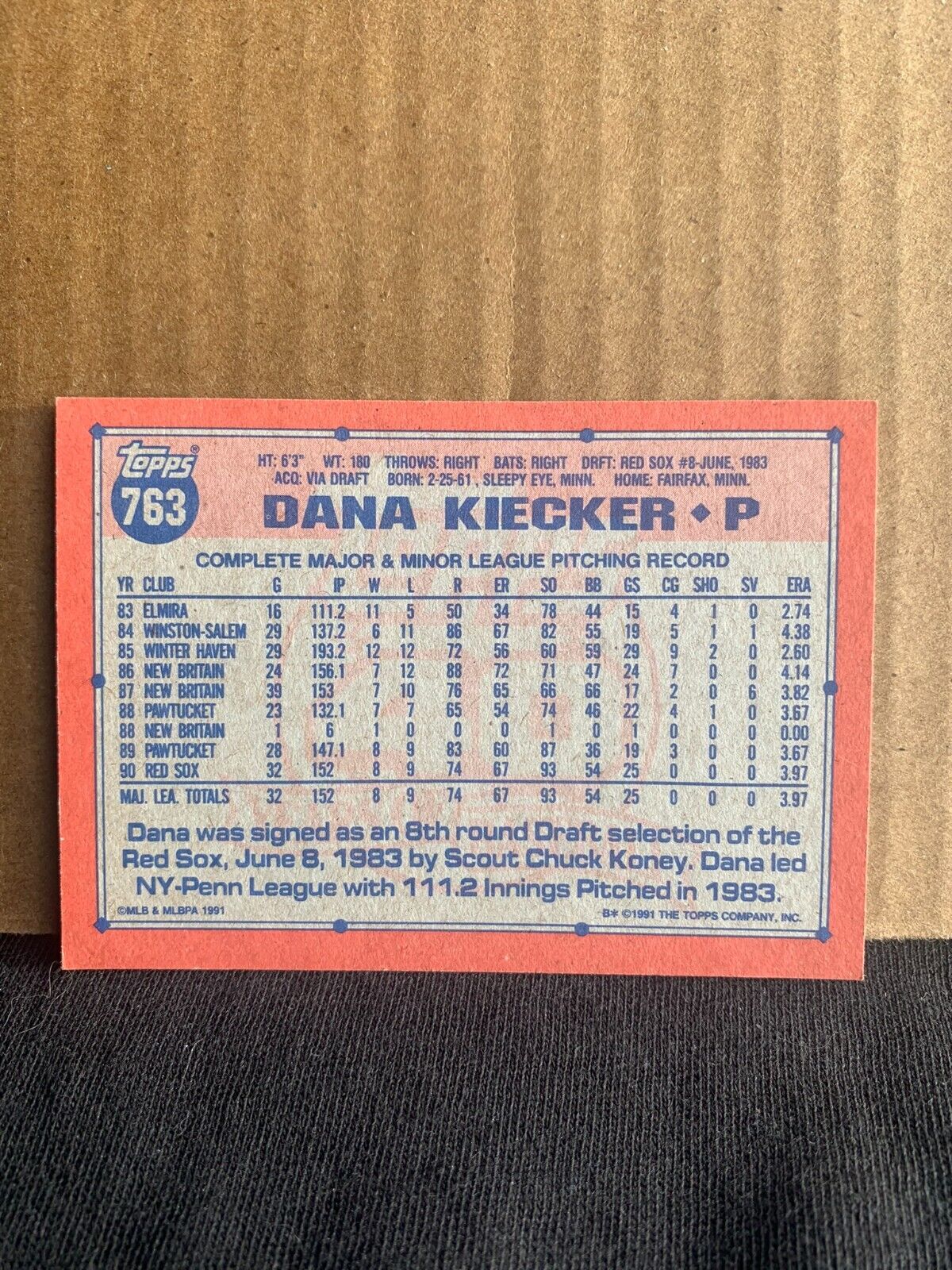 1991 Topps Baseball Card Boston Red Sox Dana Kiecker